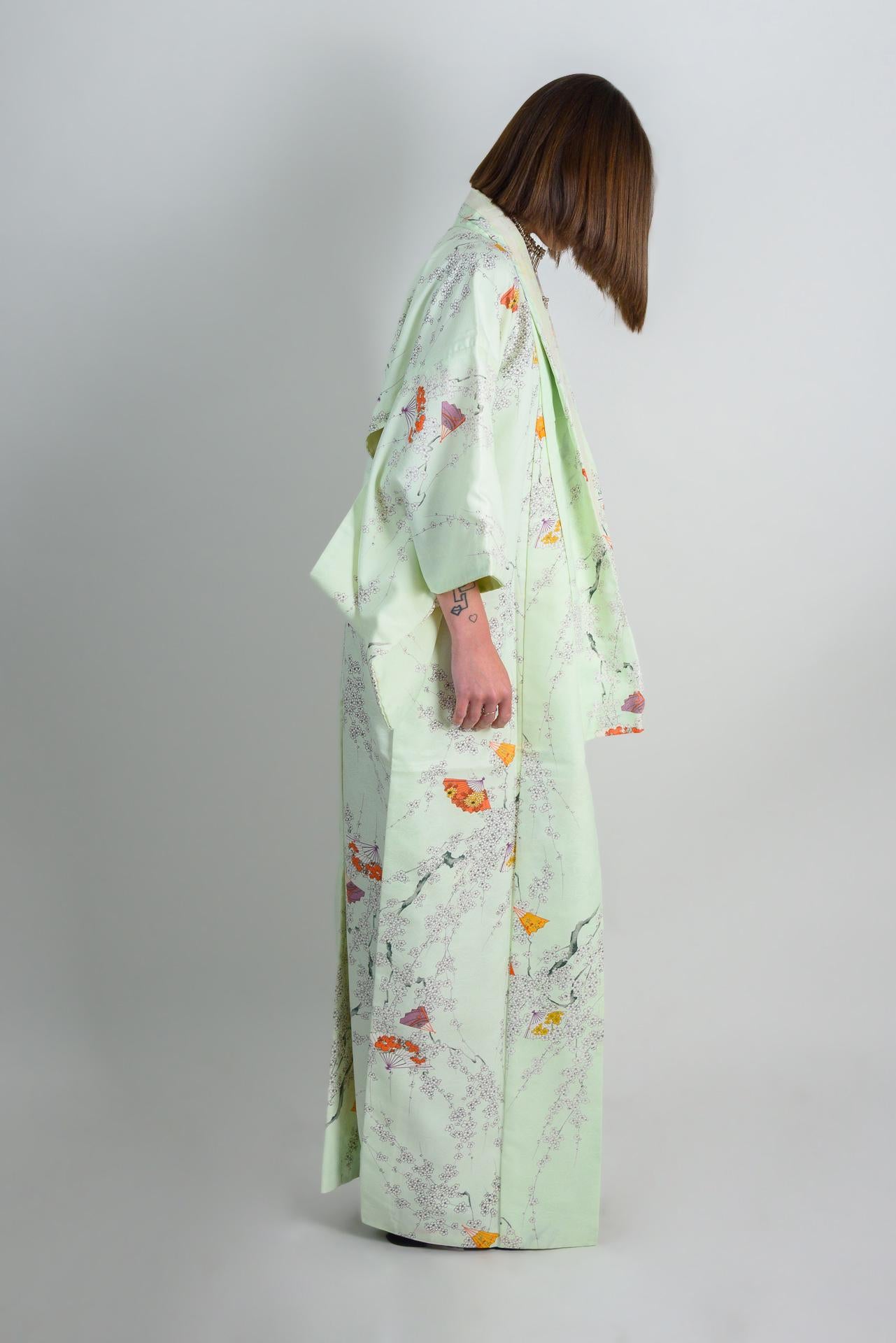 Mint Blossom Silk Kimono: Handmade Japanese Robe with Plum Blossom