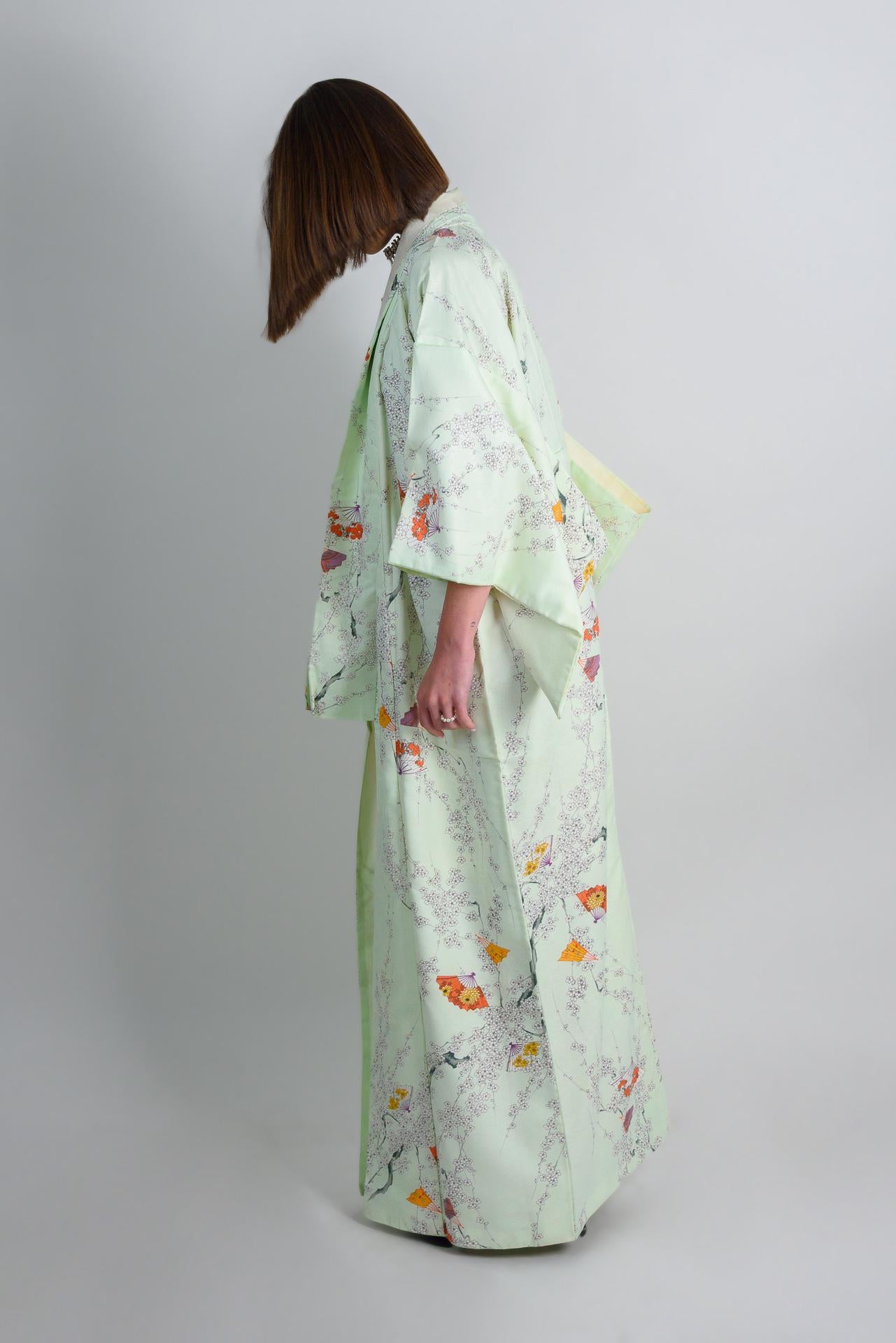 Mint Blossom Silk Kimono: Handmade Japanese Robe with Plum Blossom