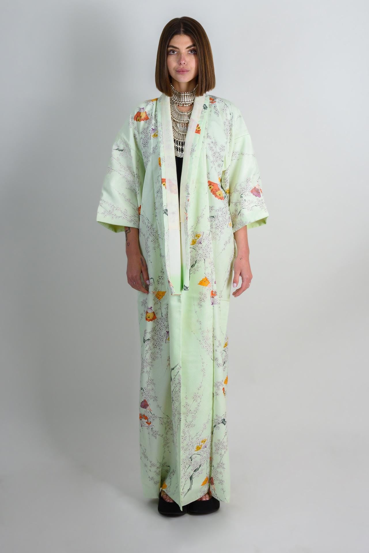 Mint Blossom Silk Kimono: Handmade Japanese Robe with Plum Blossom