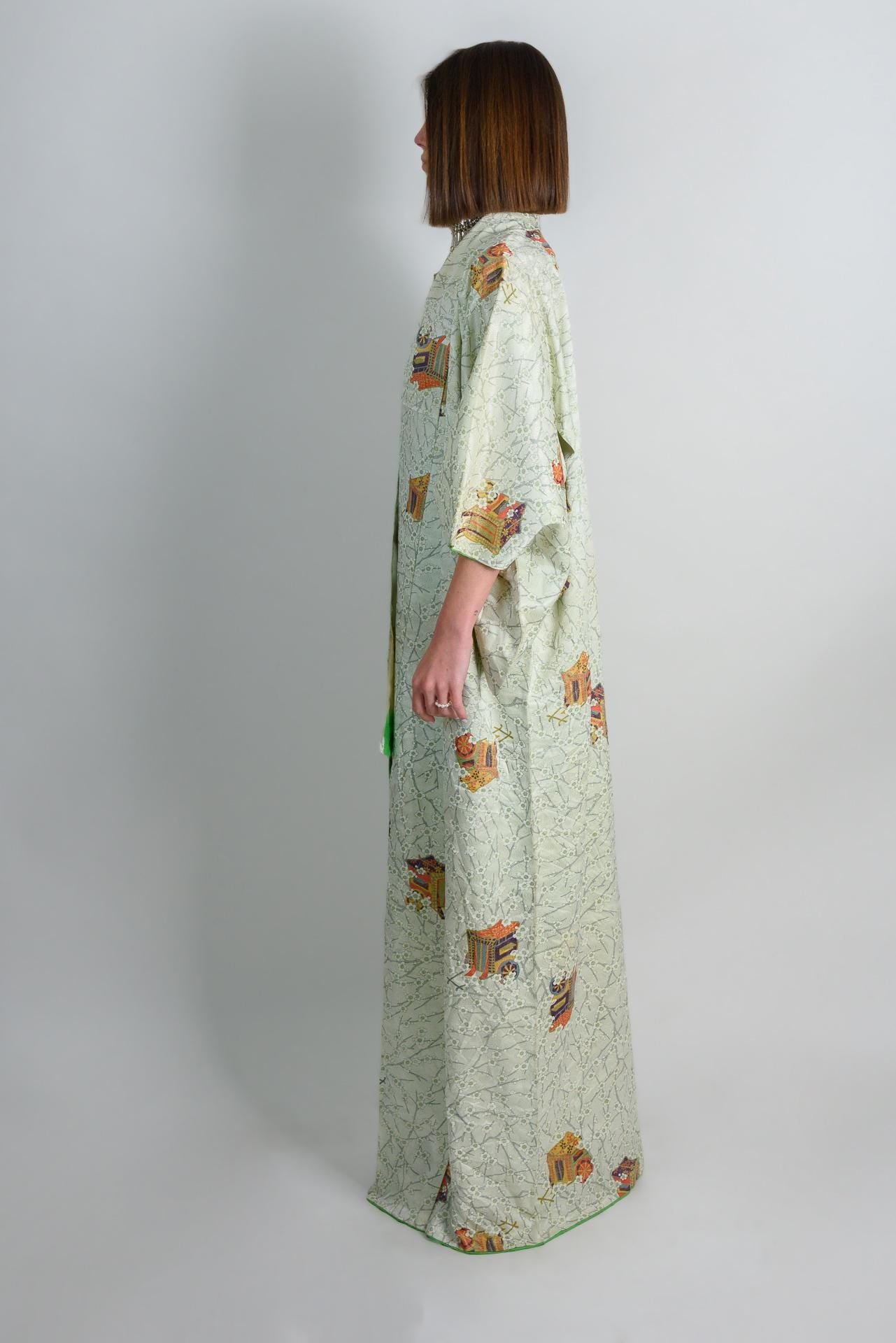 Handmade Silk Kimono Robe | Japanese Temple Print, Boho Fashion