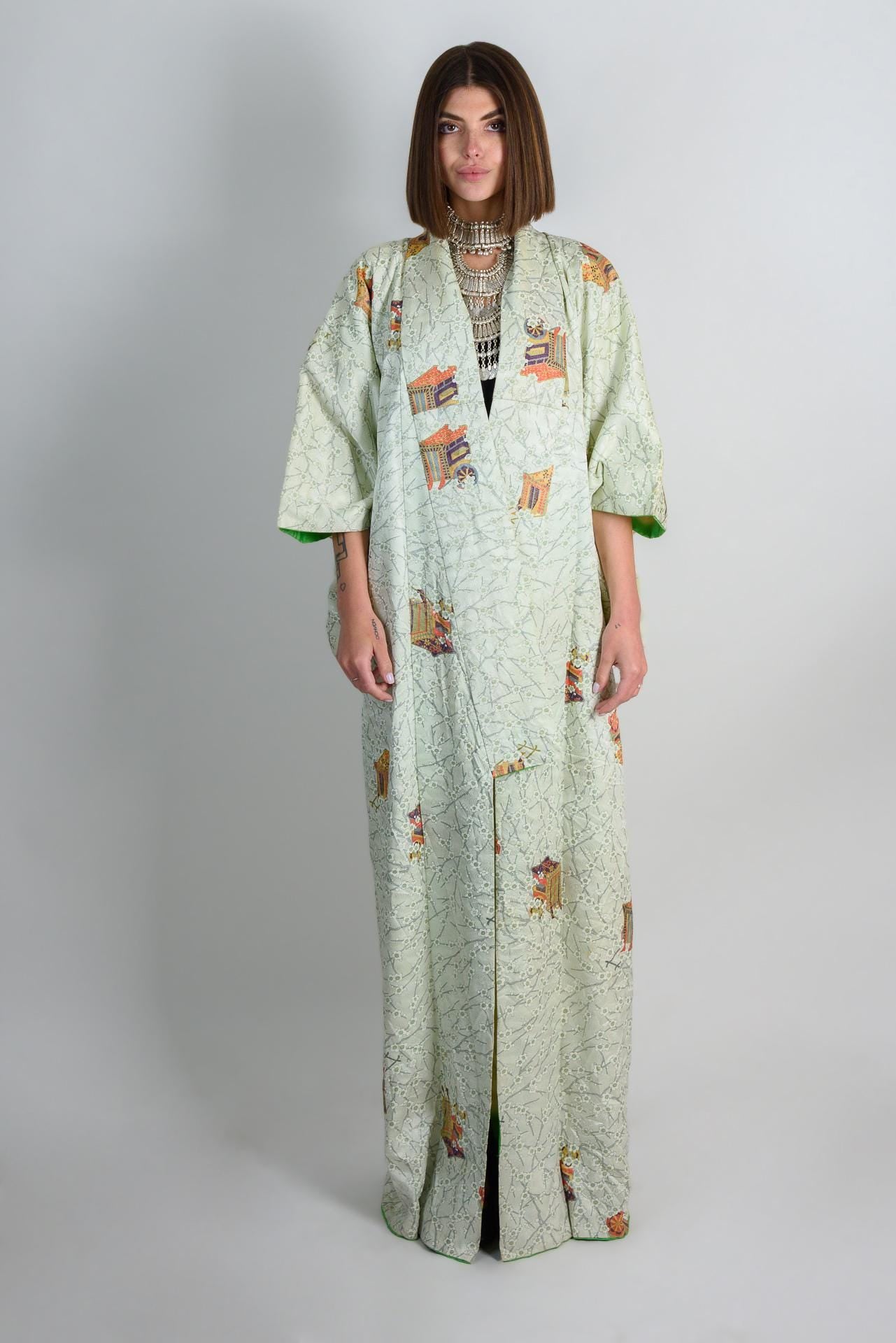 Handmade Silk Kimono Robe | Japanese Temple Print, Boho Fashion