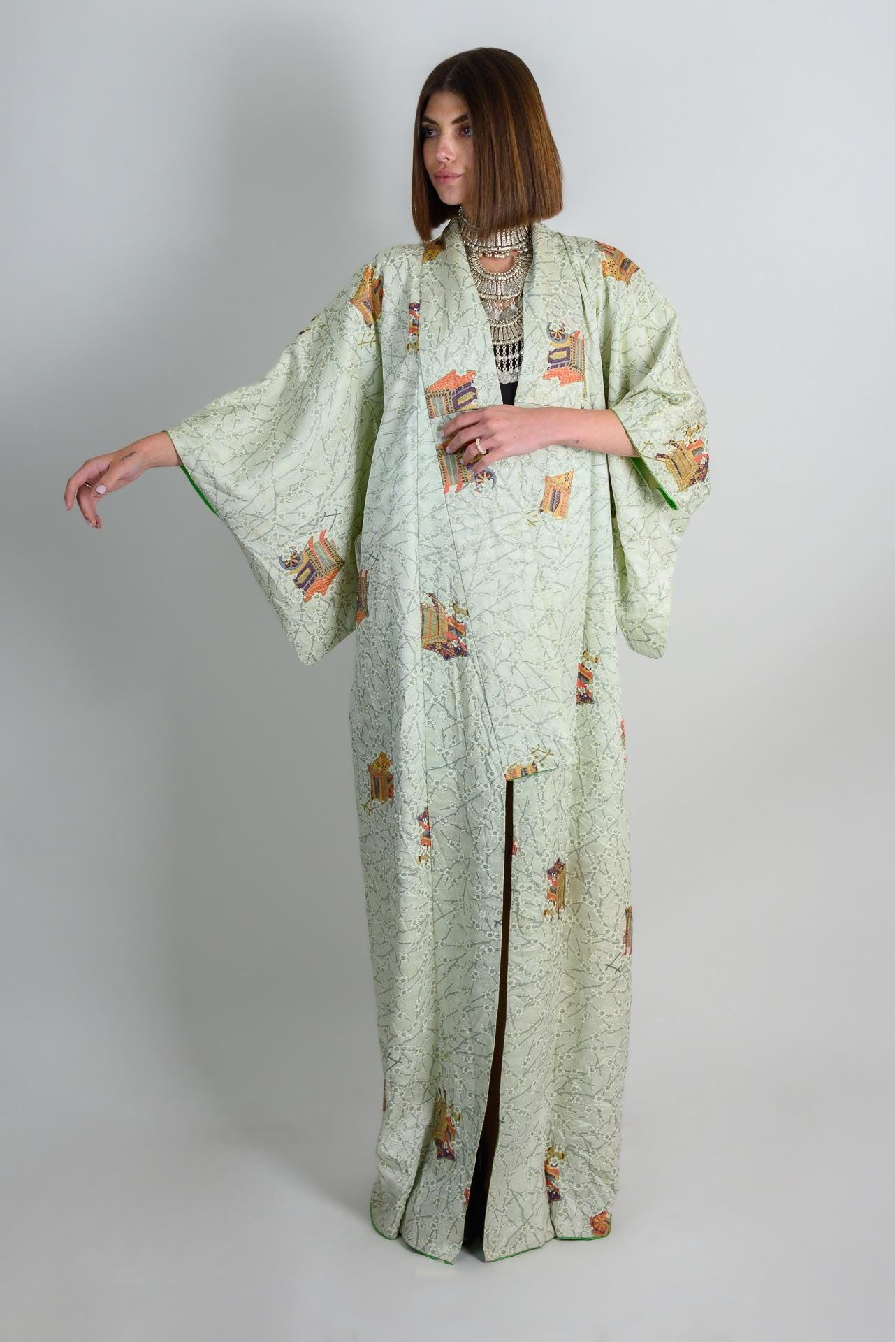 Handmade Silk Kimono Robe | Japanese Temple Print, Boho Fashion