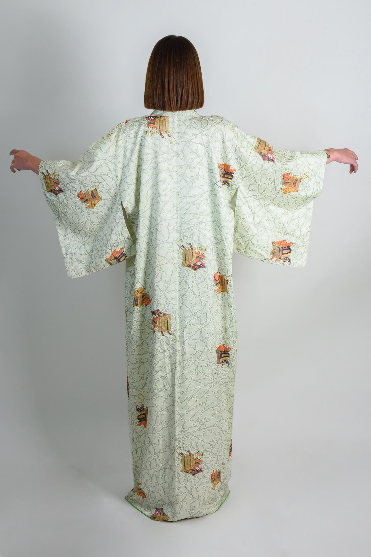 Handmade Silk Kimono Robe | Japanese Temple Print, Boho Fashion