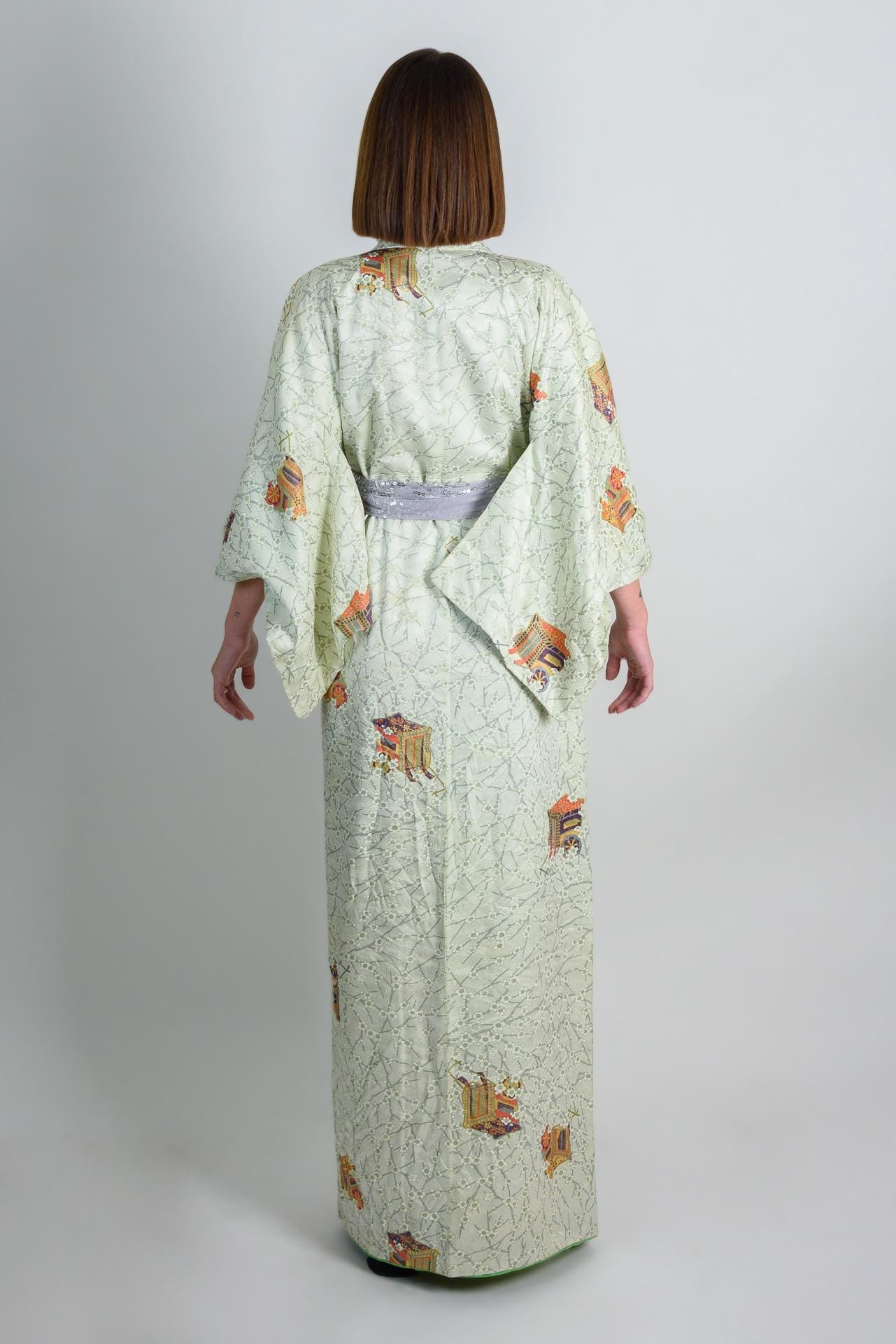 Handmade Silk Kimono Robe | Japanese Temple Print, Boho Fashion
