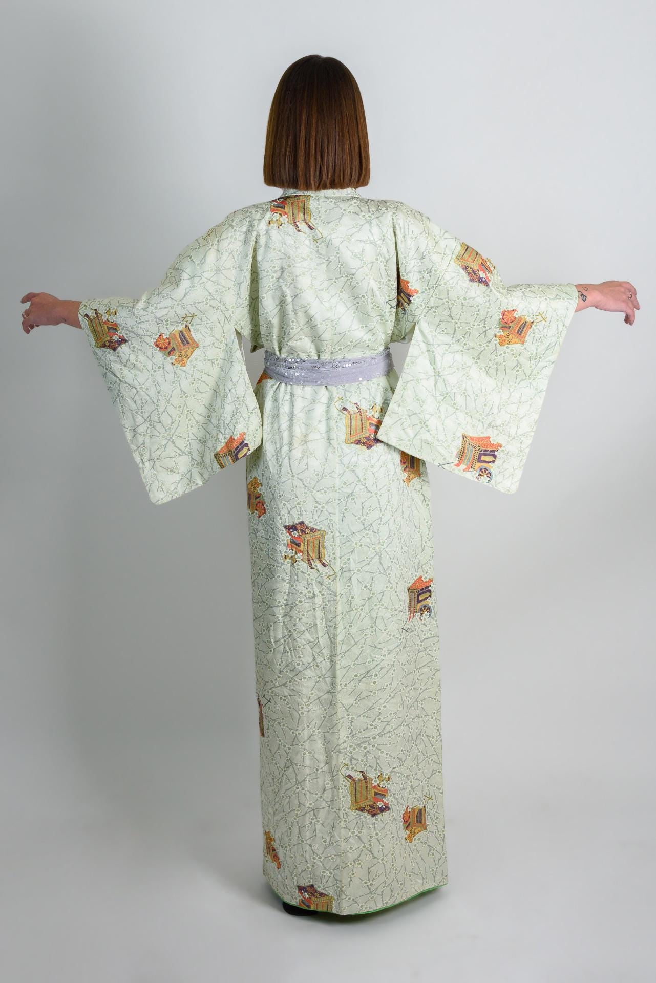 Handmade Silk Kimono Robe | Japanese Temple Print, Boho Fashion