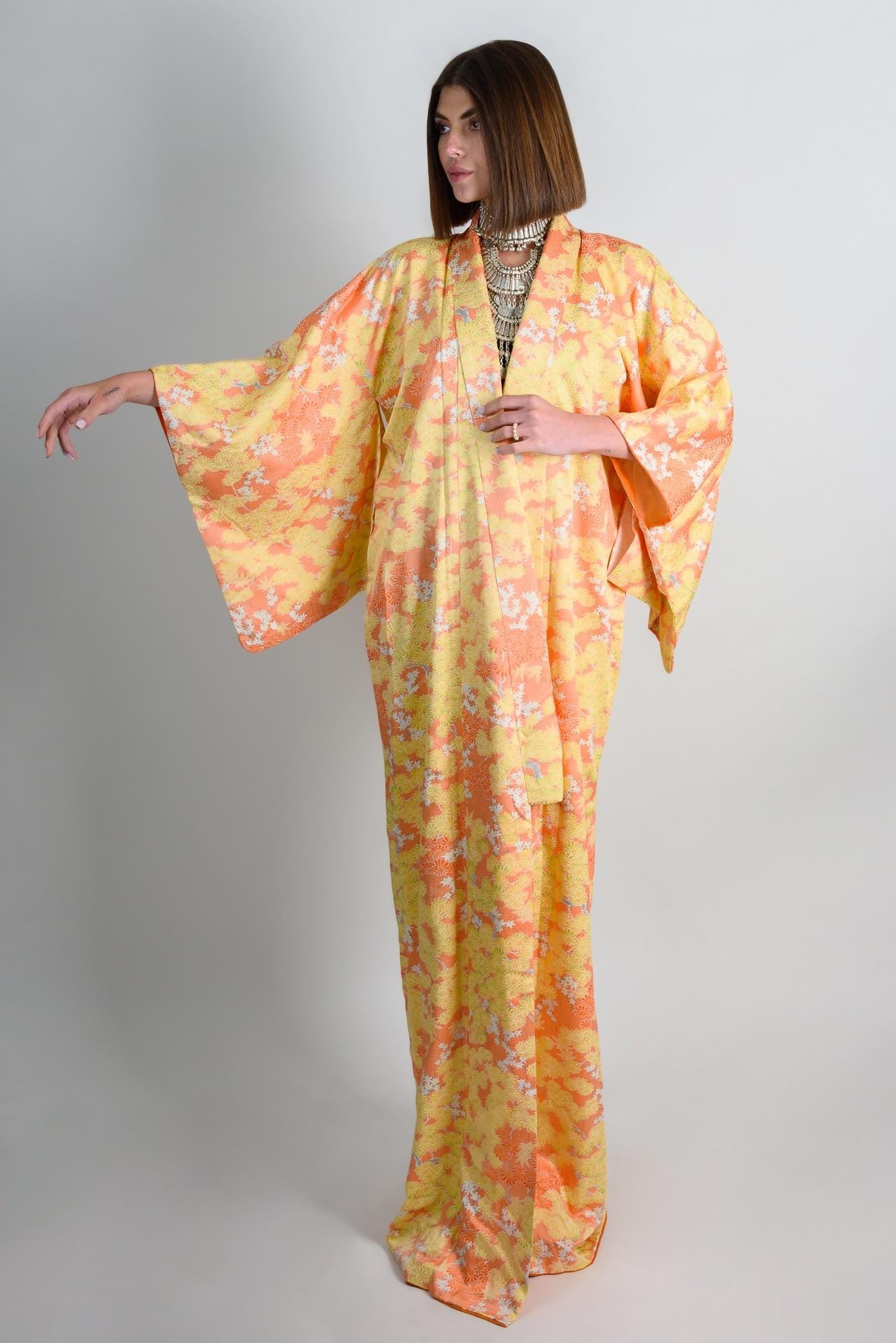Handmade Silk Kimono Robe: Sunset Chrysanthemum Japanese Fashion