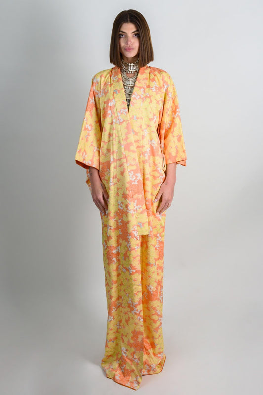 Handmade Silk Kimono Robe: Sunset Chrysanthemum Japanese Fashion