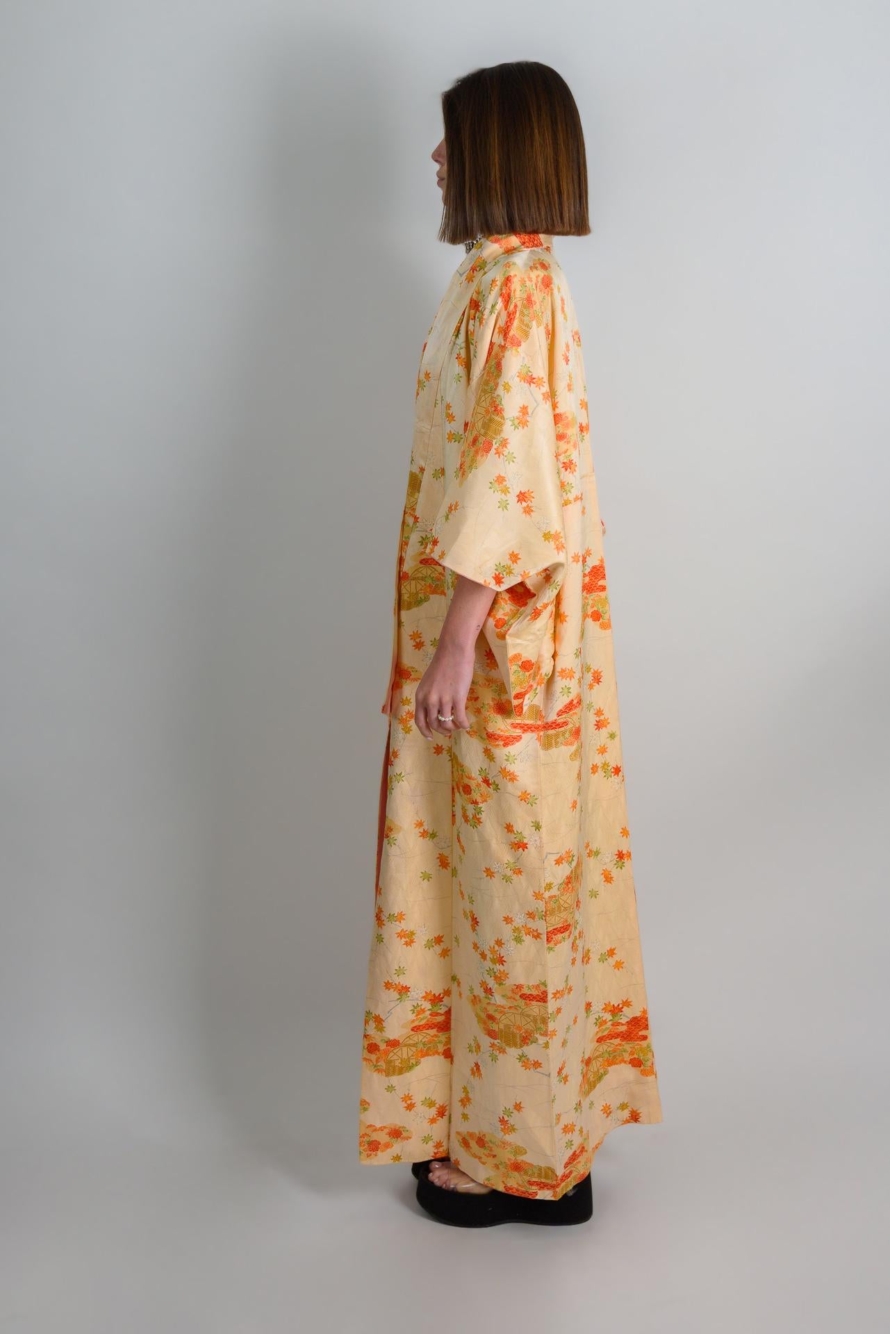 Handmade Silk Kimono: Japanese Chrysanthemum & Carriage Print
