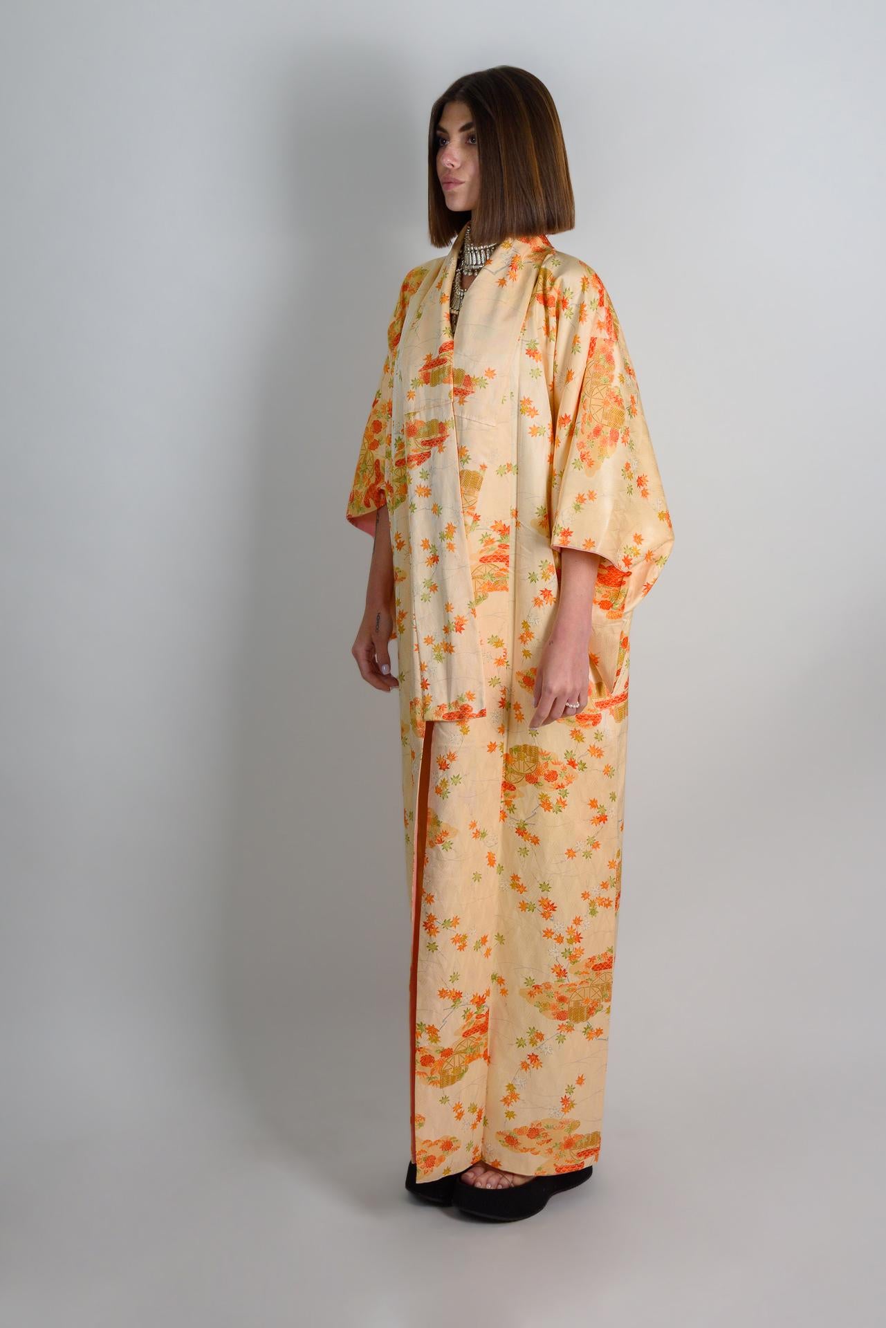 Handmade Silk Kimono: Japanese Chrysanthemum & Carriage Print
