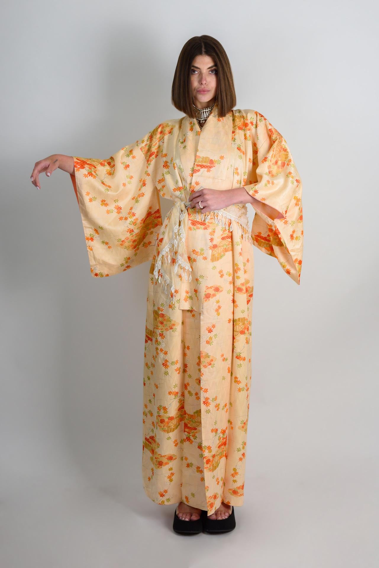 Handmade Silk Kimono: Japanese Chrysanthemum & Carriage Print