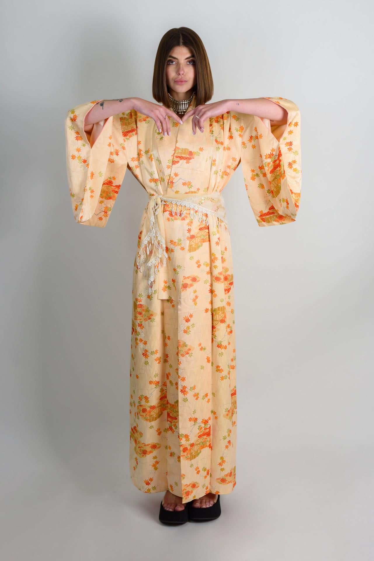 Handmade Silk Kimono: Japanese Chrysanthemum & Carriage Print