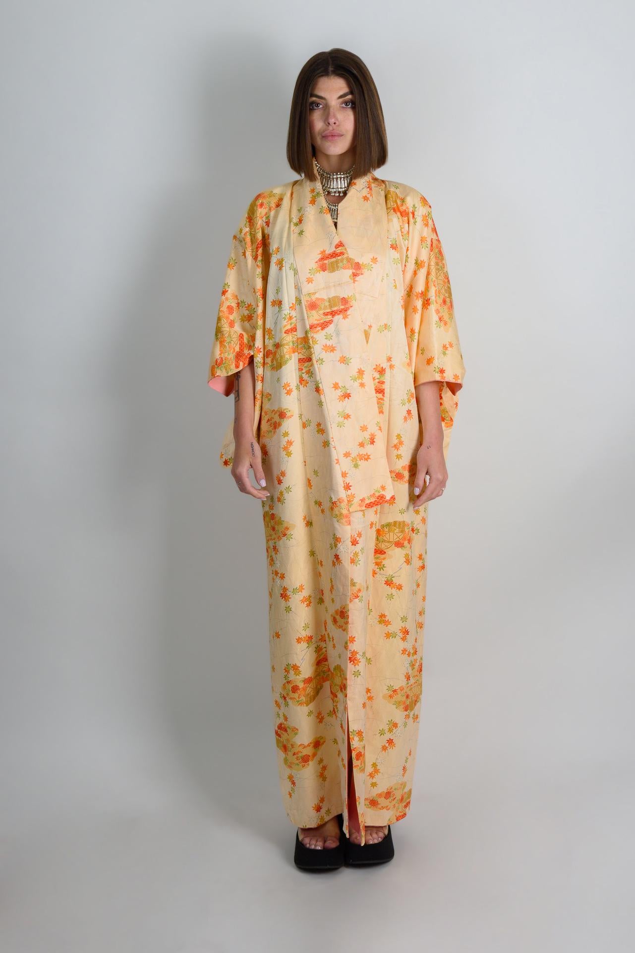 Handmade Silk Kimono: Japanese Chrysanthemum & Carriage Print