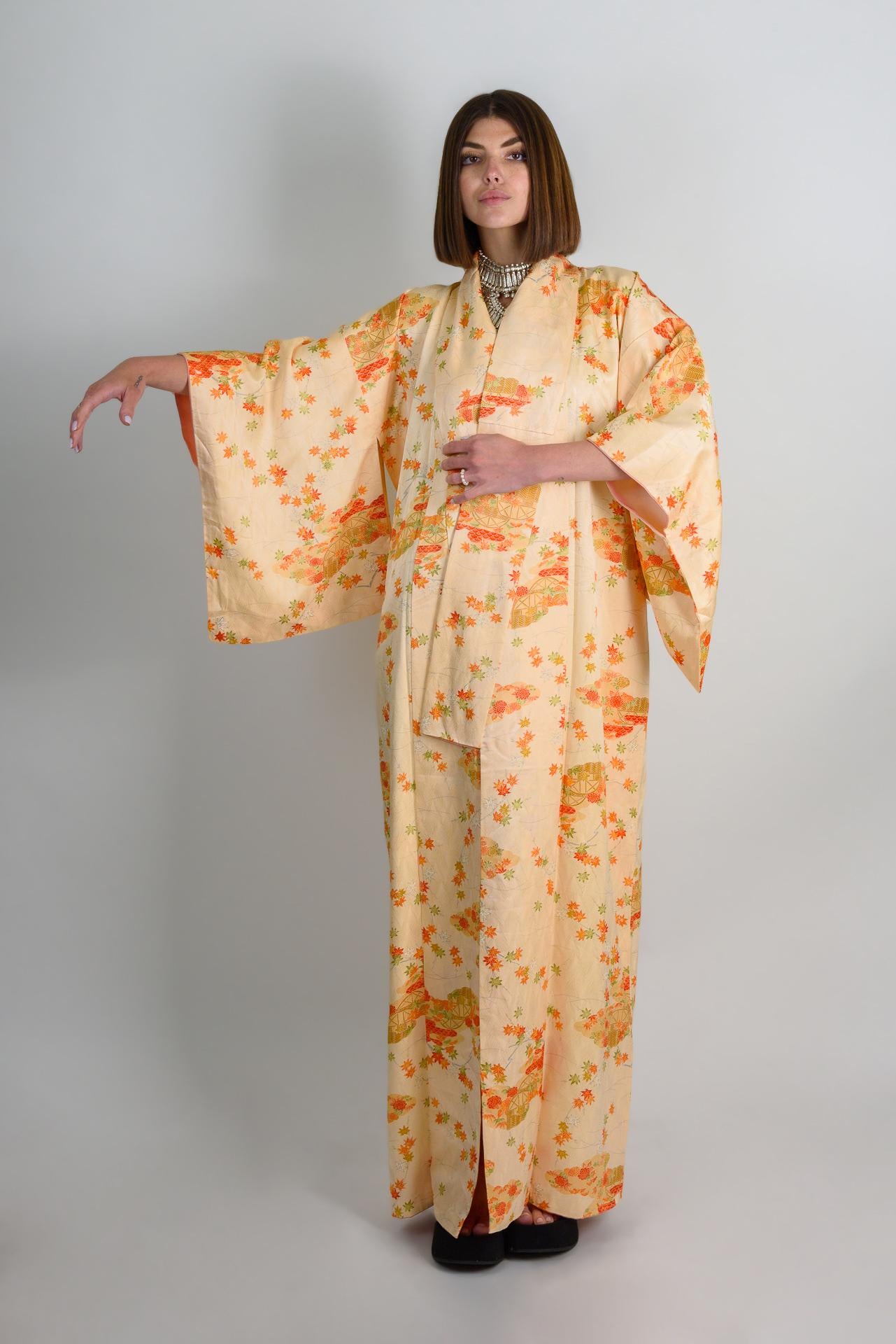 Handmade Silk Kimono: Japanese Chrysanthemum & Carriage Print