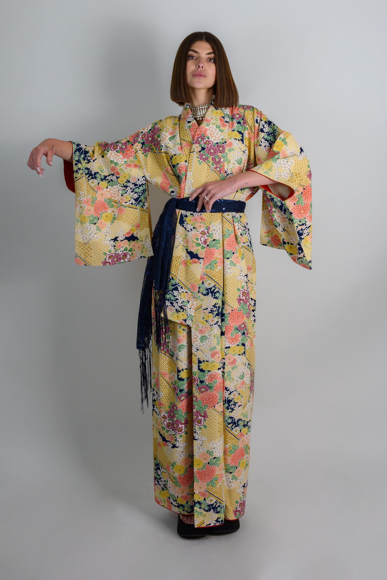 Handmade Silk Kimono: Golden Floral Print Japanese Robe