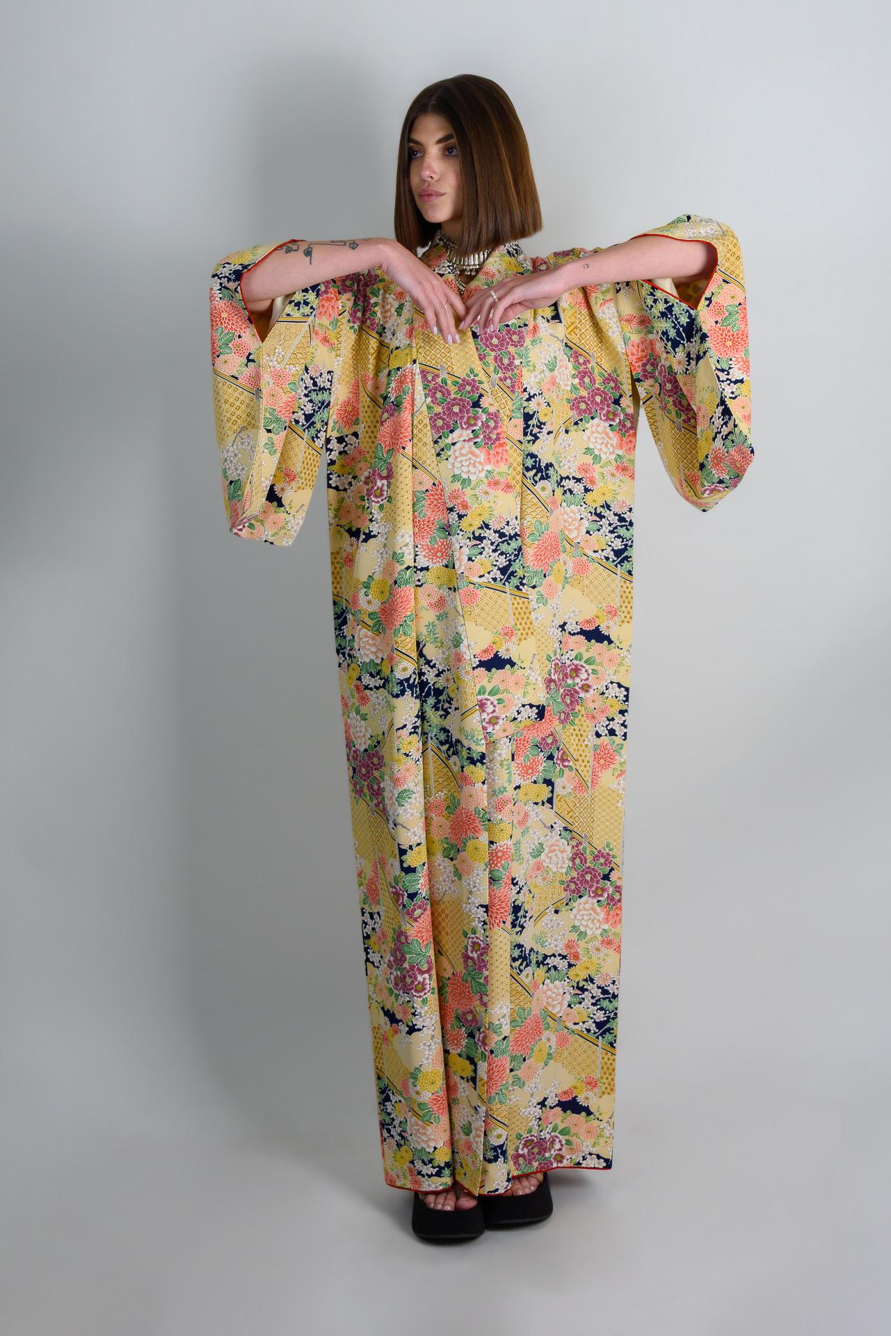 Handmade Silk Kimono: Golden Floral Print Japanese Robe