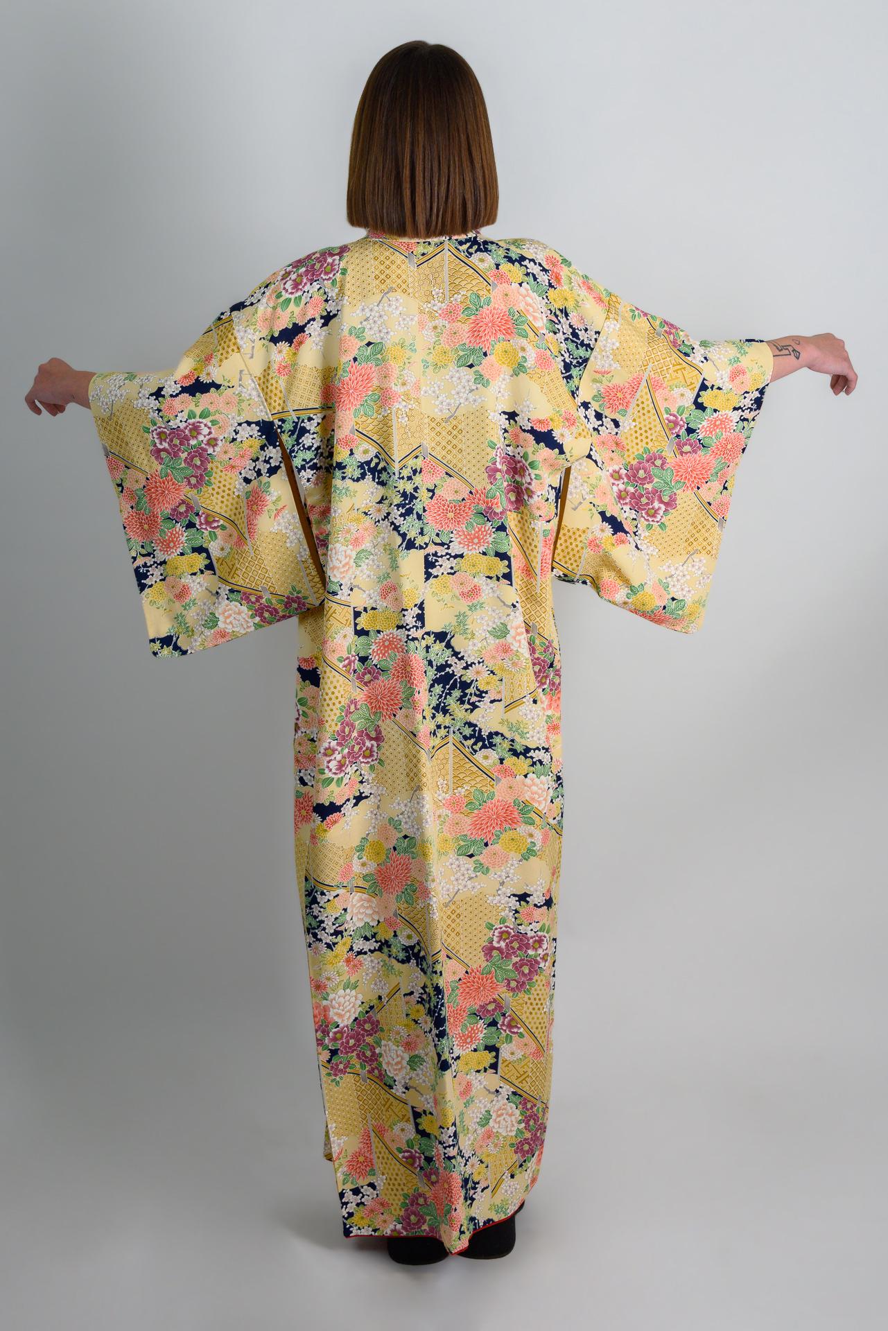 Handmade Silk Kimono: Golden Floral Print Japanese Robe