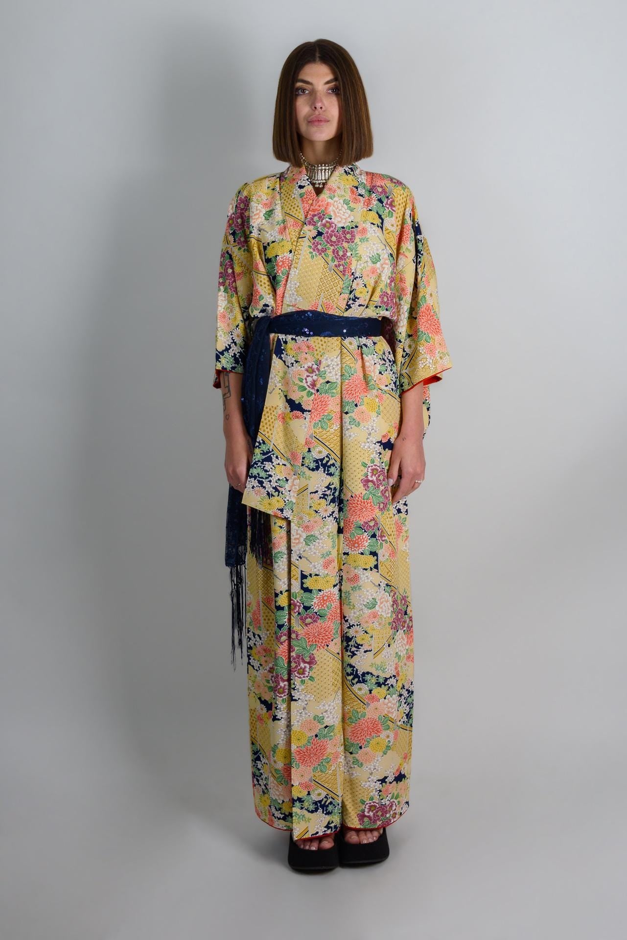 Handmade Silk Kimono: Golden Floral Print Japanese Robe
