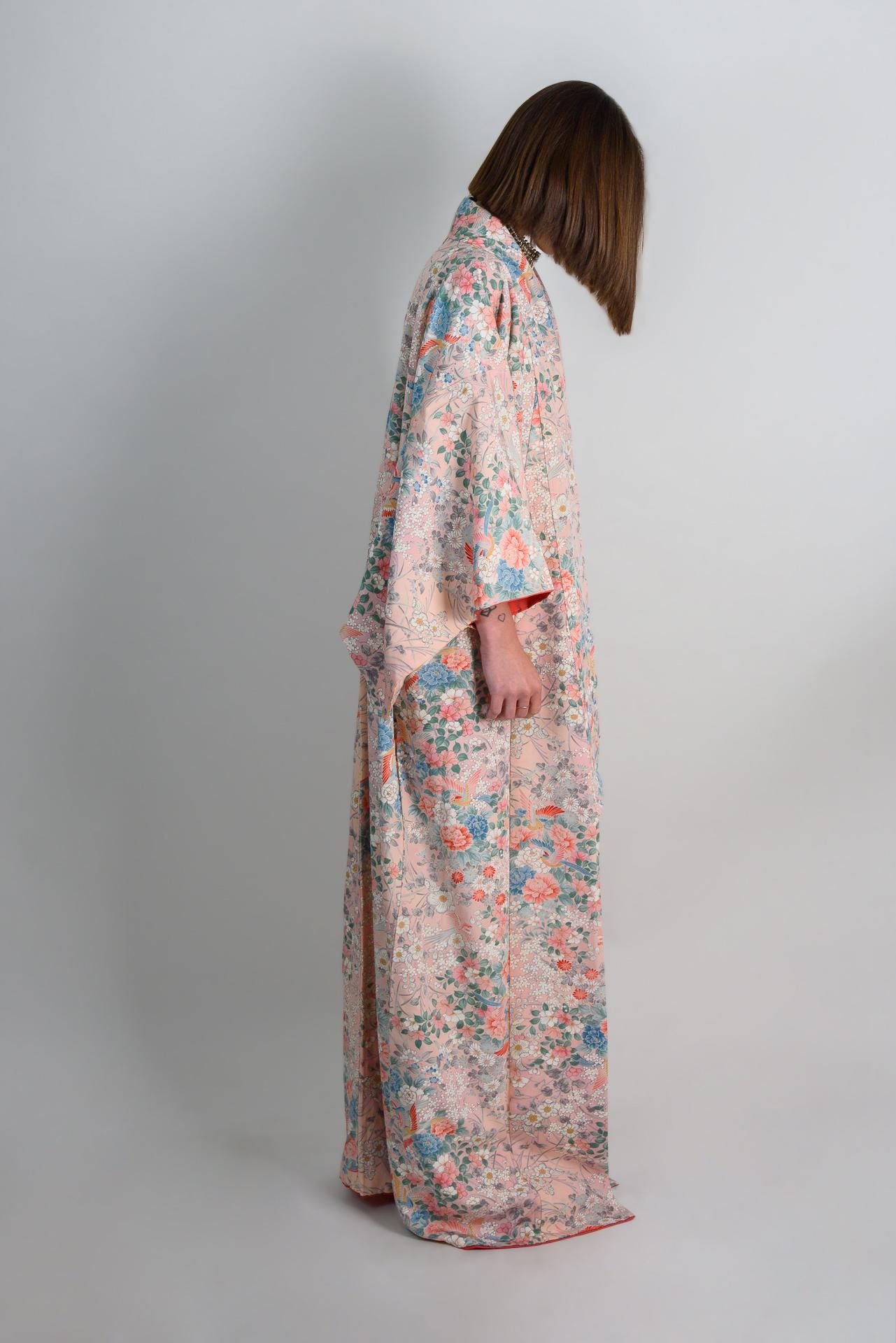 Handmade Silk Kimono | Peach Blossom Floral Japanese Robe