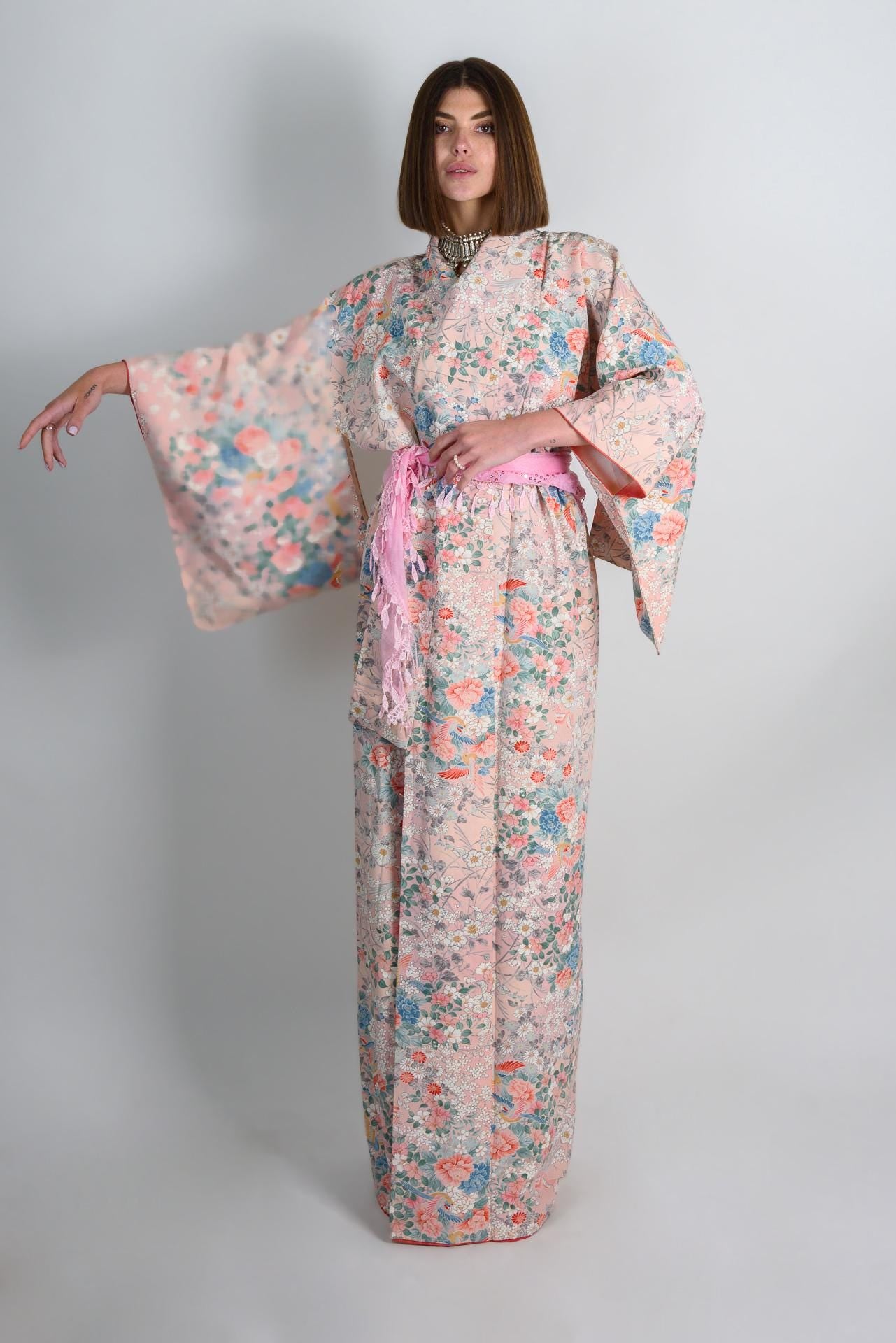 Handmade Silk Kimono | Peach Blossom Floral Japanese Robe