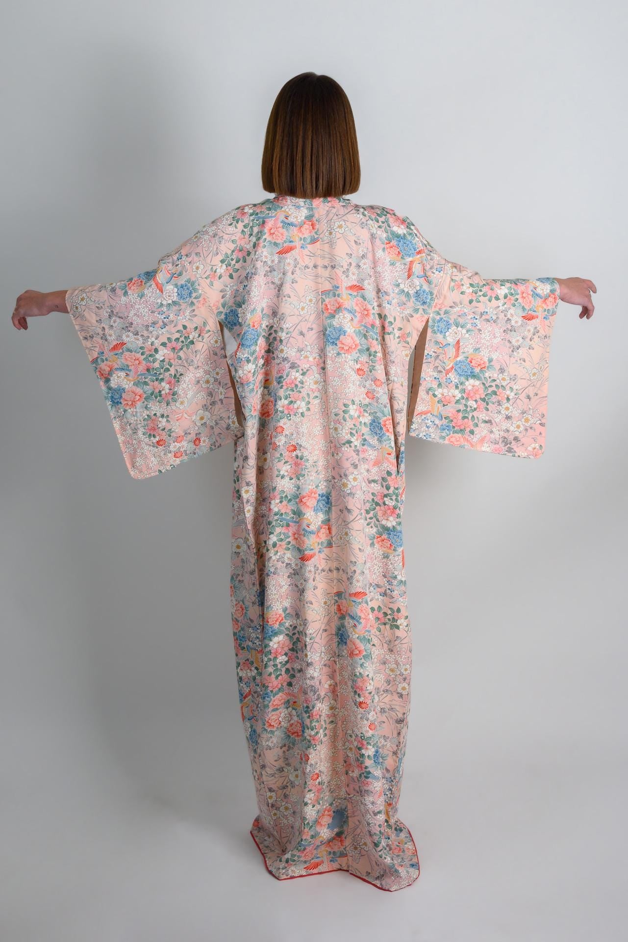 Handmade Silk Kimono | Peach Blossom Floral Japanese Robe