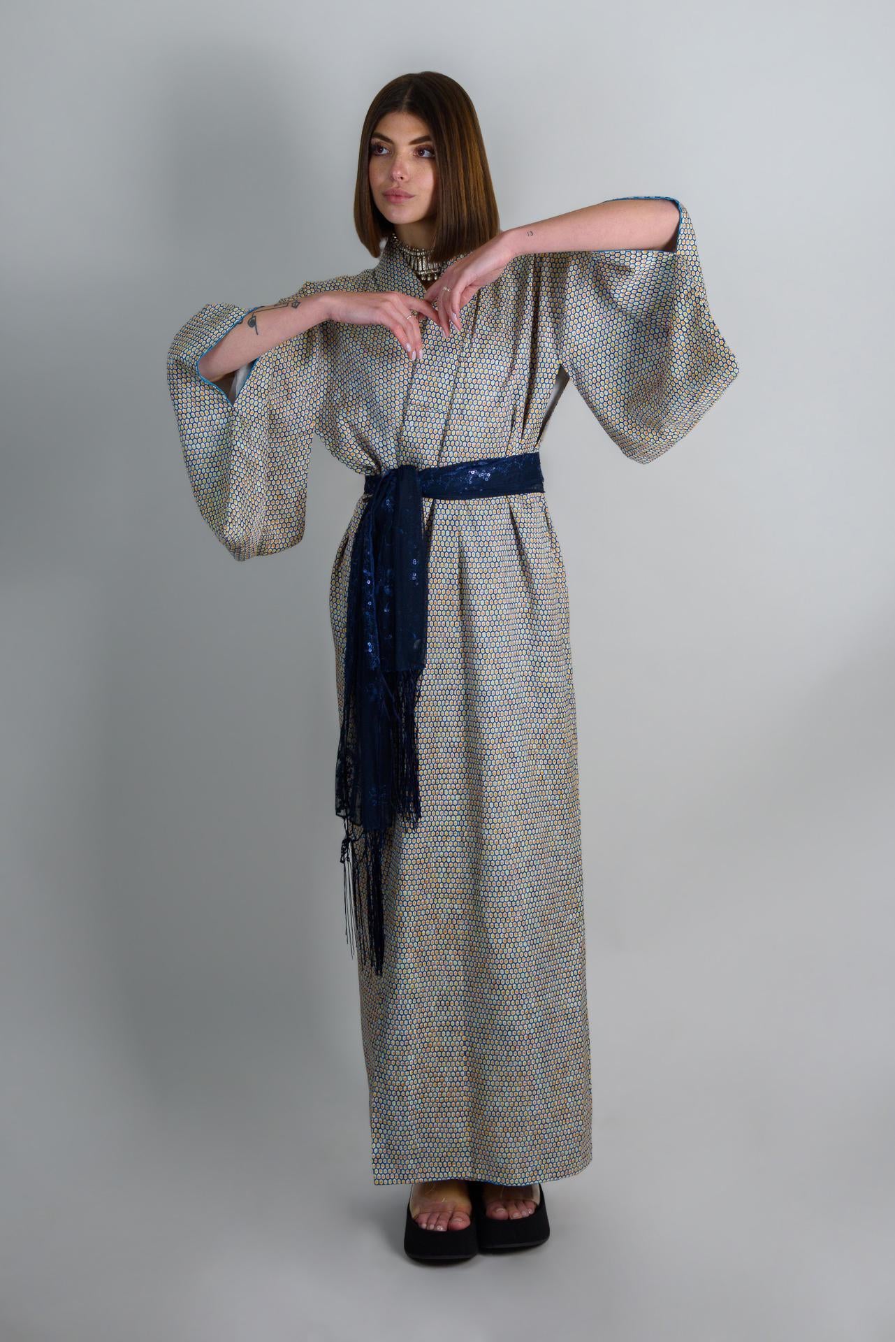 Handmade Silk Kimono Robe: Celestial Geometric Print, Japanese Style