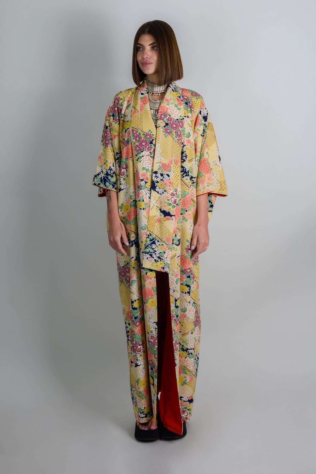 Handmade Silk Kimono: Golden Floral Print Japanese Robe