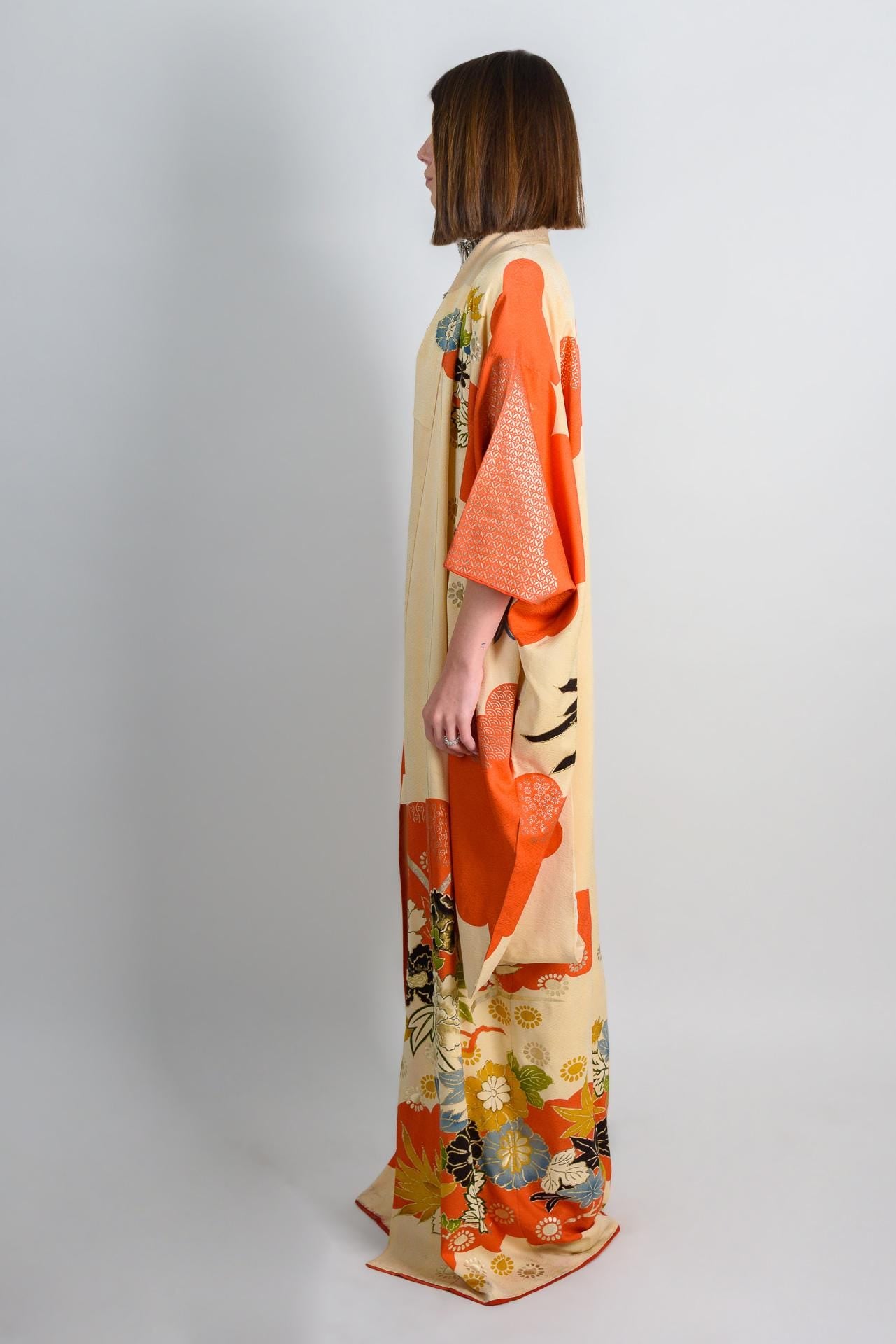 Handmade Silk Kimono | Vermilion Floral Print Boho Robe, Japan