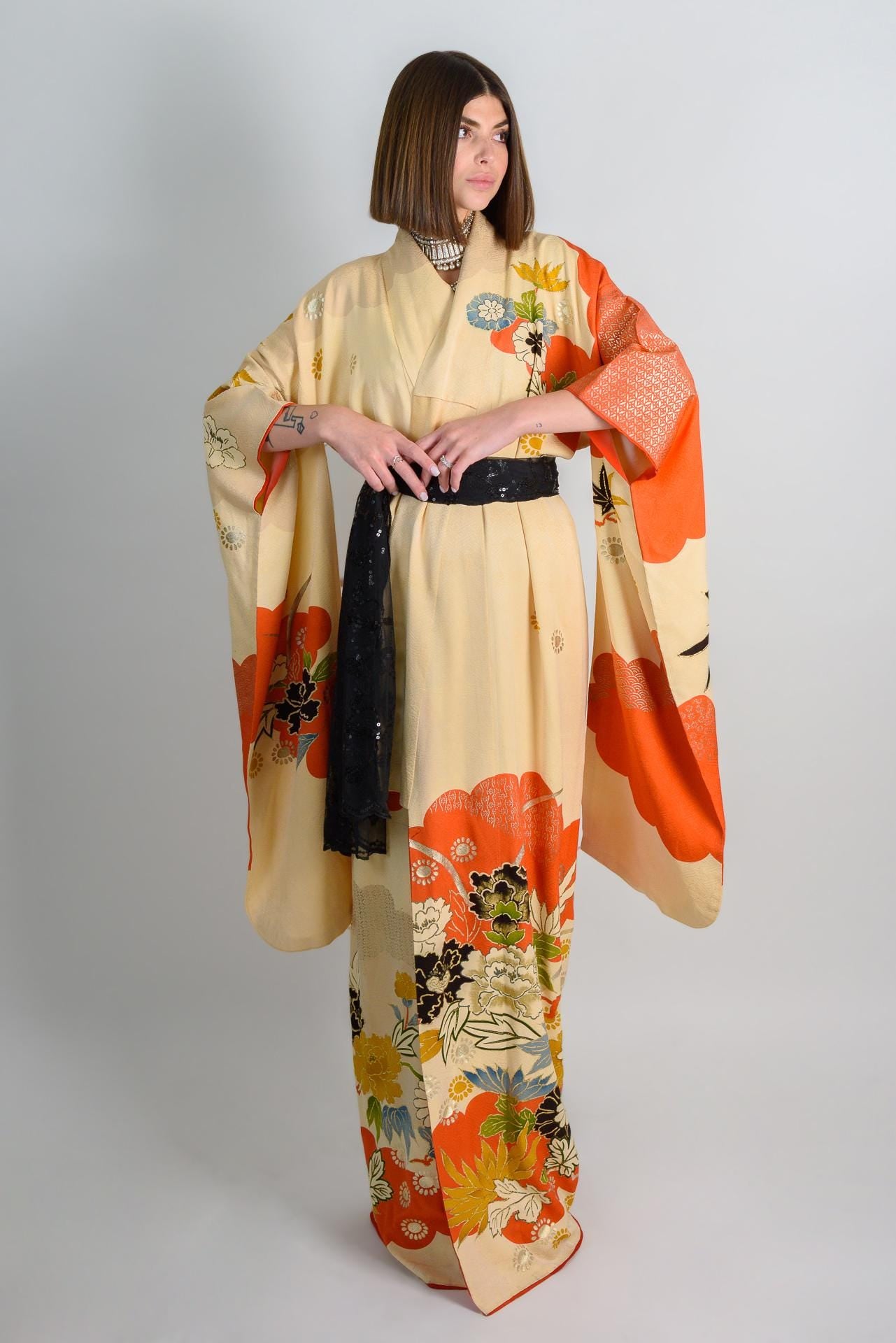 Handmade Silk Kimono | Vermilion Floral Print Boho Robe, Japan