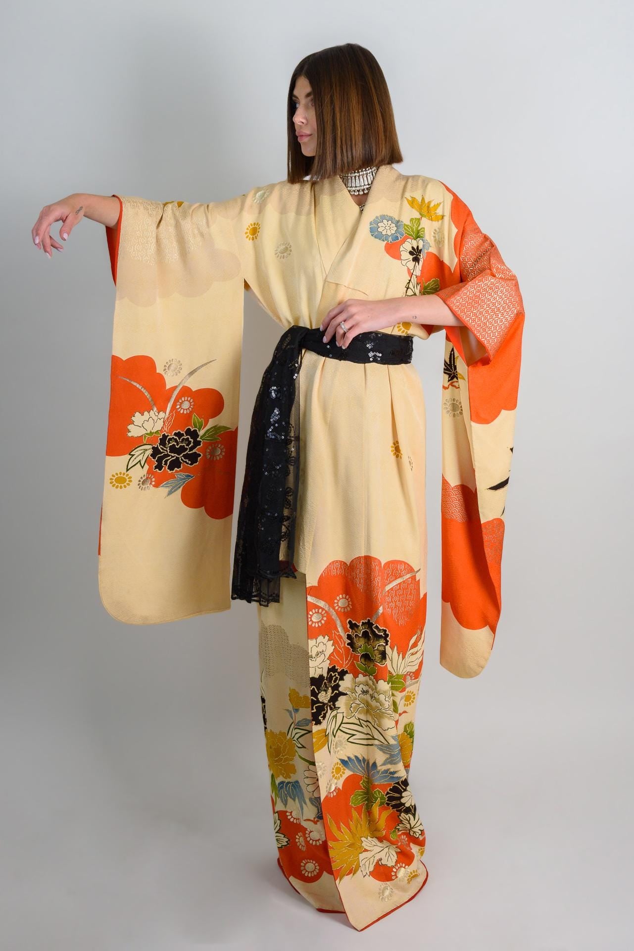 Handmade Silk Kimono | Vermilion Floral Print Boho Robe, Japan