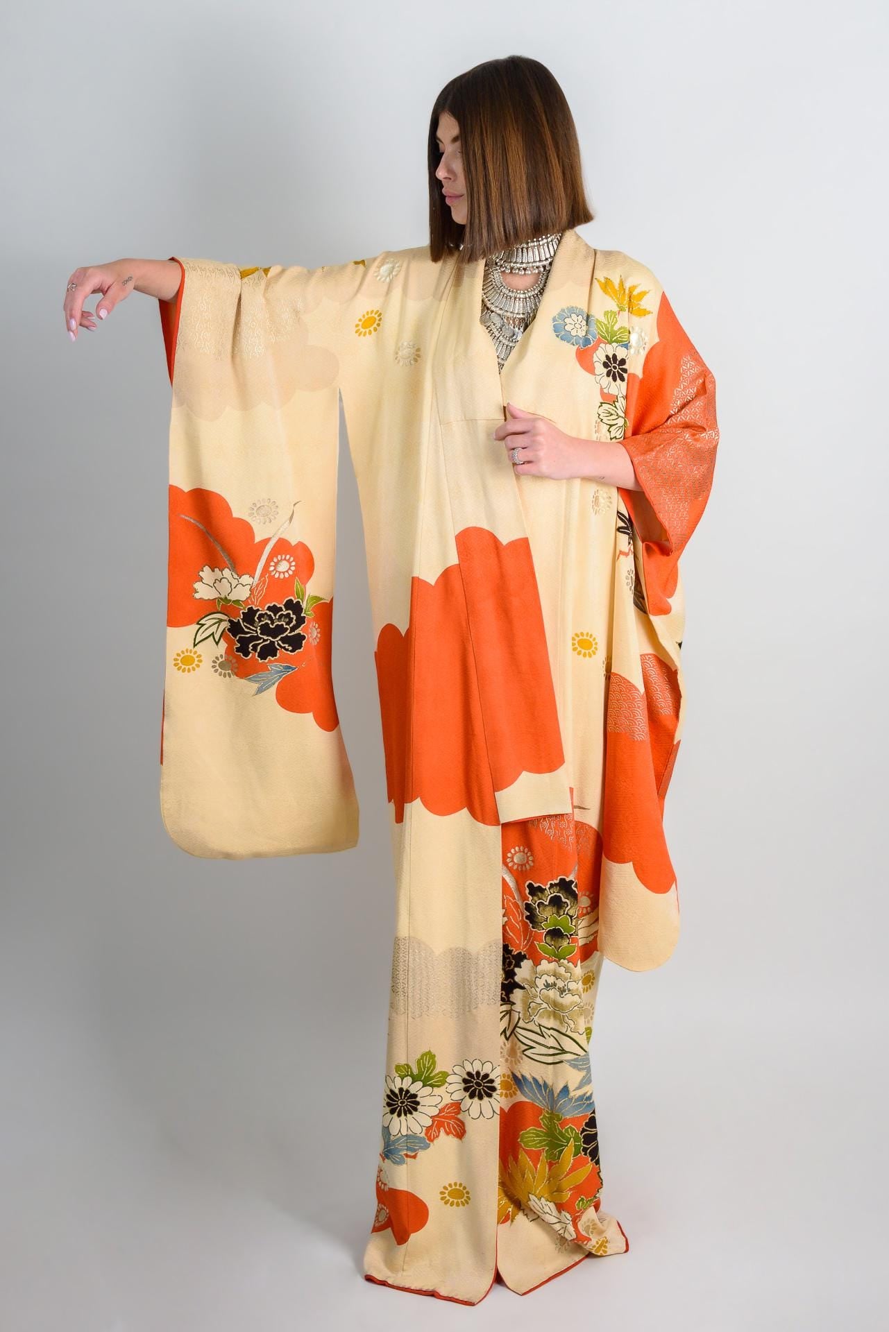 Handmade Silk Kimono | Vermilion Floral Print Boho Robe, Japan