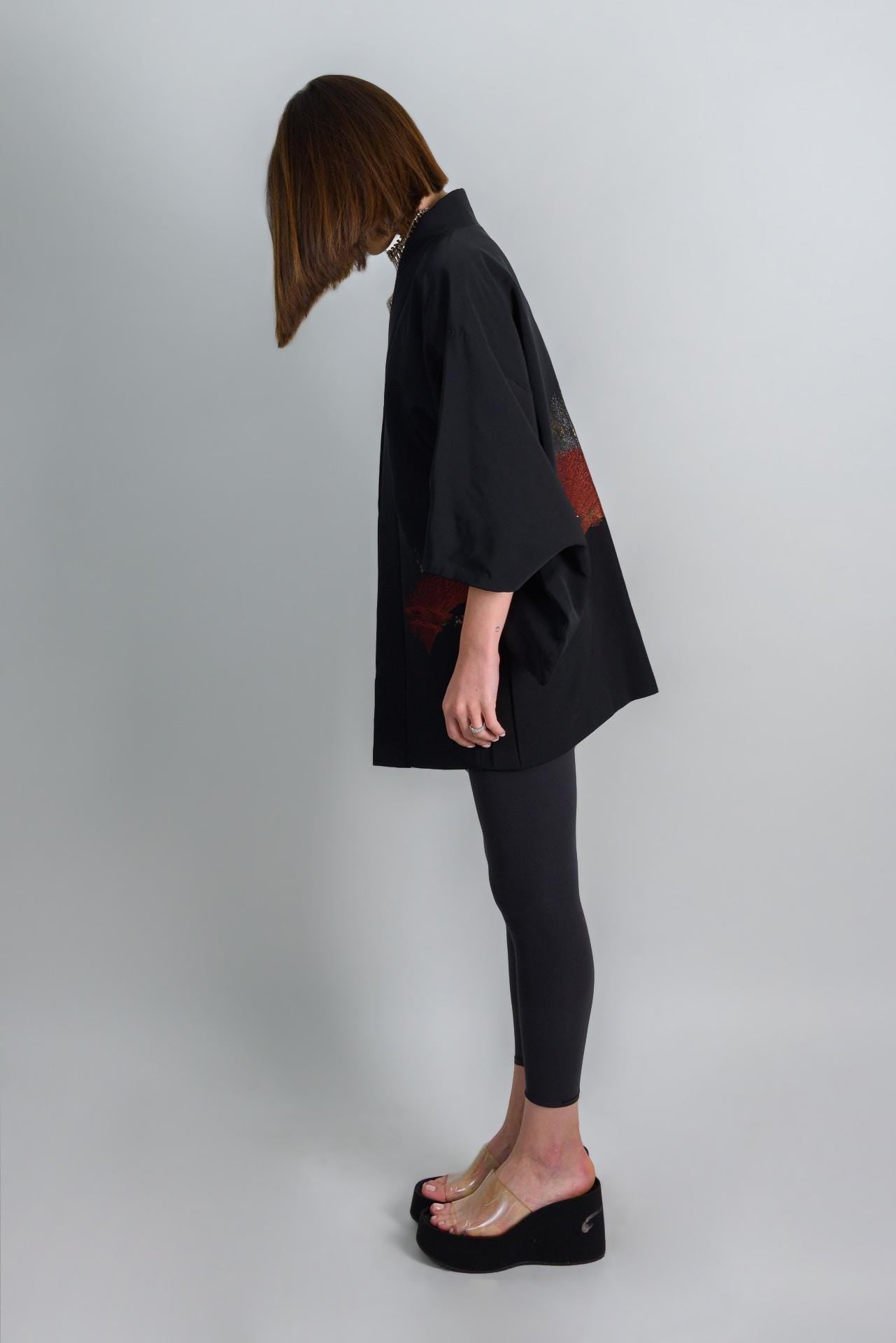 Vintage Silk Haori Kimono: Japanese Forest Print Jacket