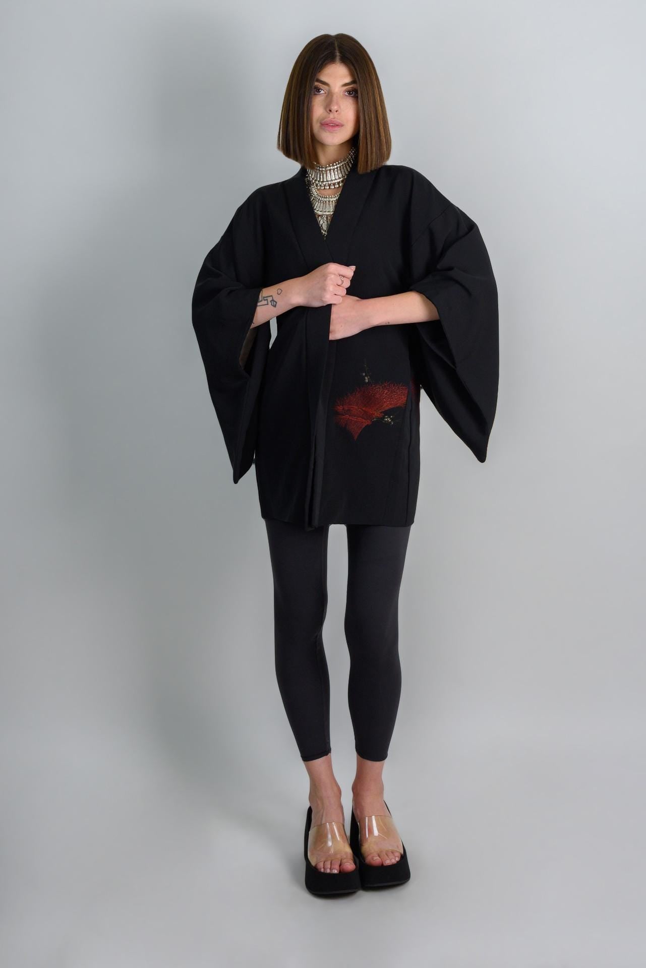 Vintage Silk Haori Kimono: Japanese Forest Print Jacket