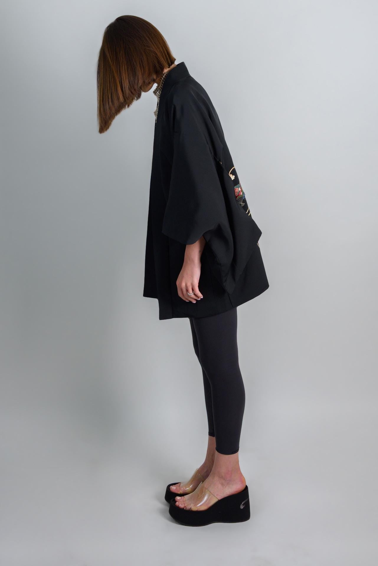 Black Silk Haori Kimono | Embroidered Dancing Fans, Japanese Jacket