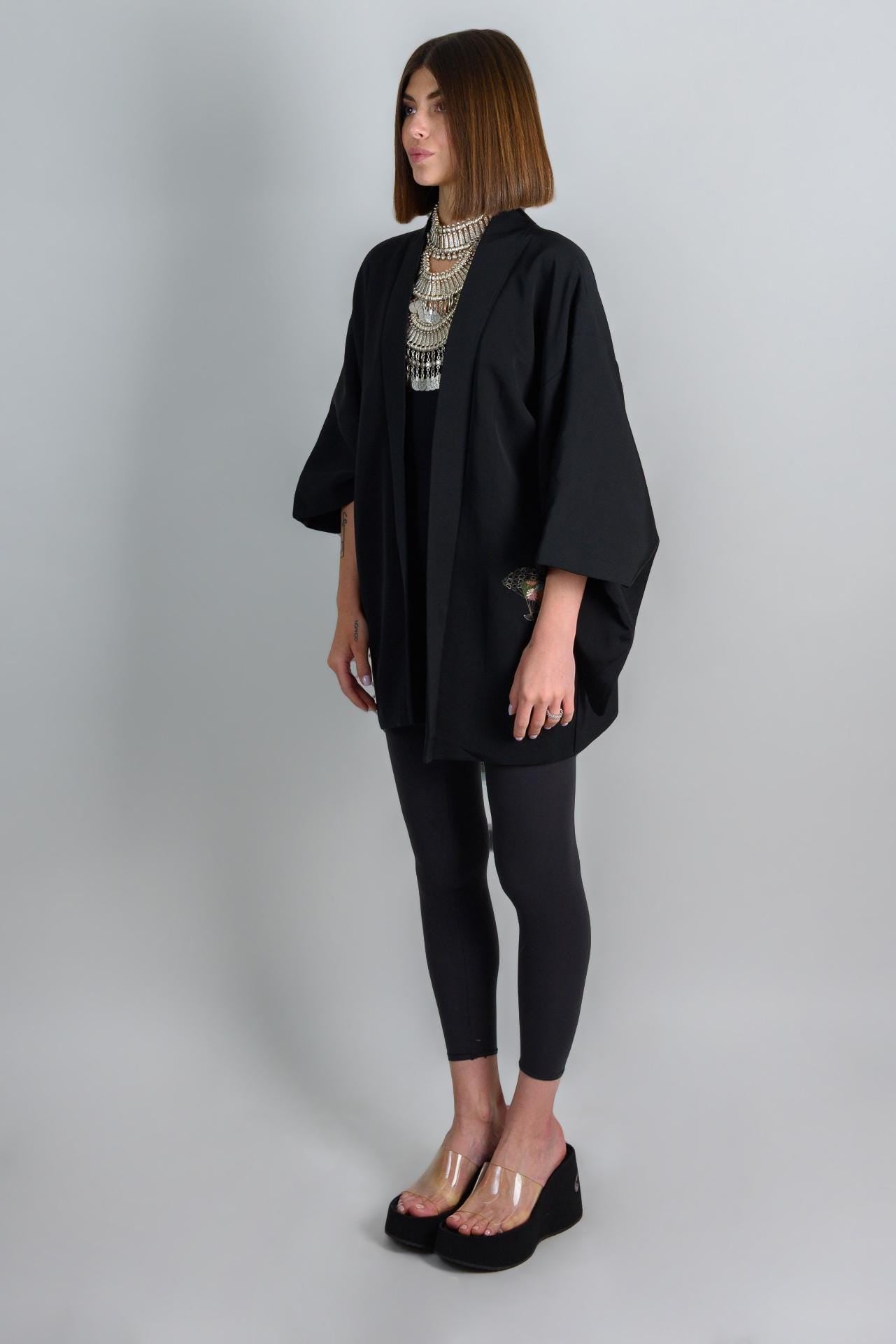 Black Silk Haori Kimono | Embroidered Dancing Fans, Japanese Jacket