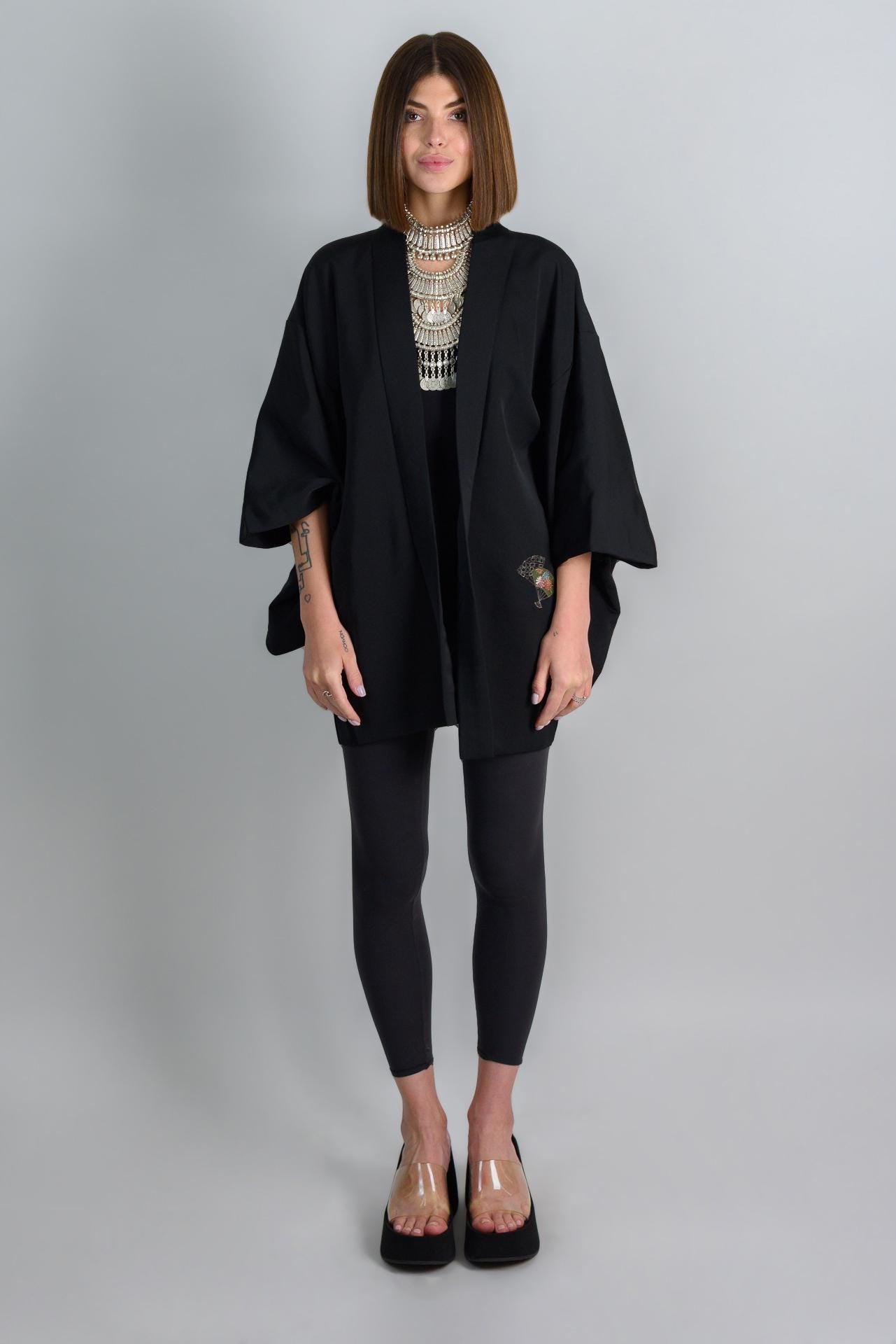 Black Silk Haori Kimono | Embroidered Dancing Fans, Japanese Jacket