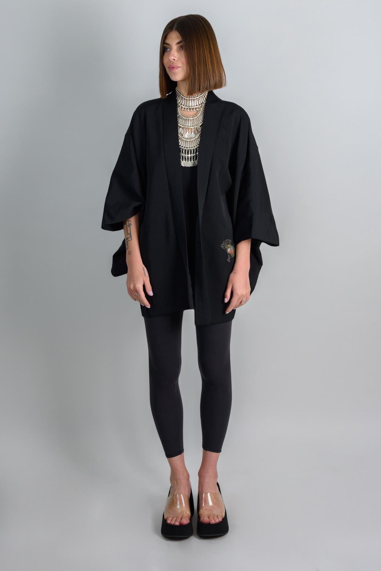 Black Silk Haori Kimono | Embroidered Dancing Fans, Japanese Jacket