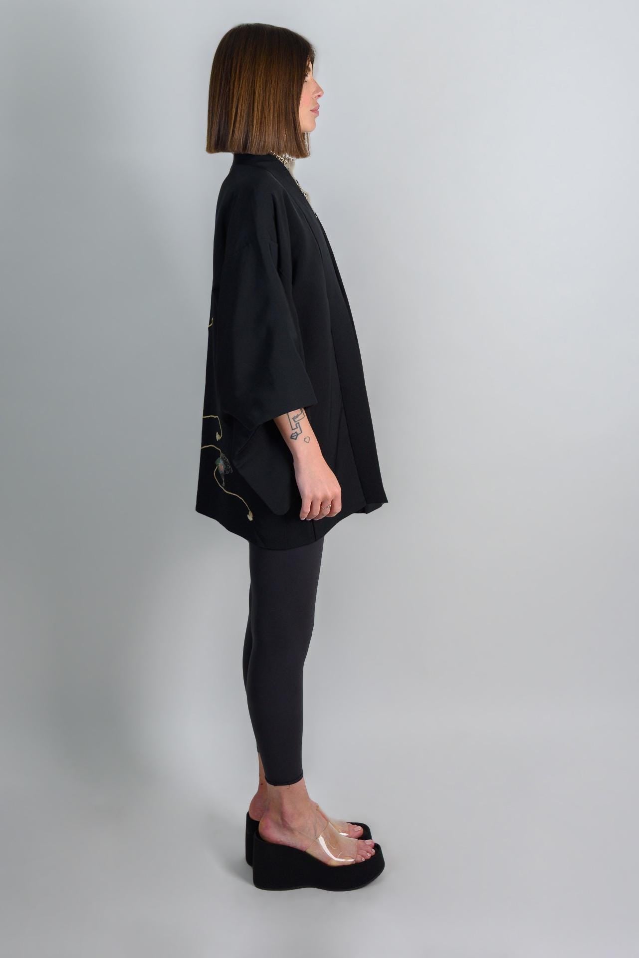 Black Silk Haori Kimono | Embroidered Dancing Fans, Japanese Jacket
