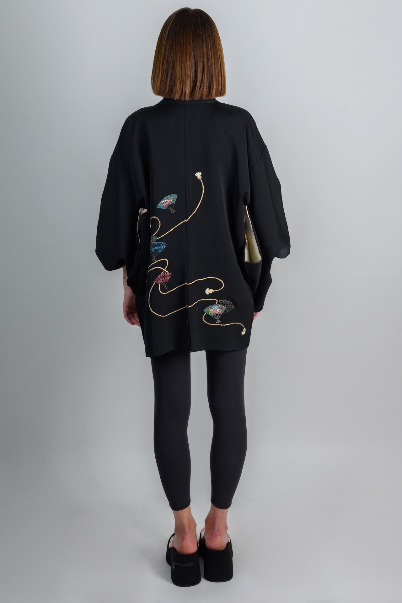 Black Silk Haori Kimono | Embroidered Dancing Fans, Japanese Jacket