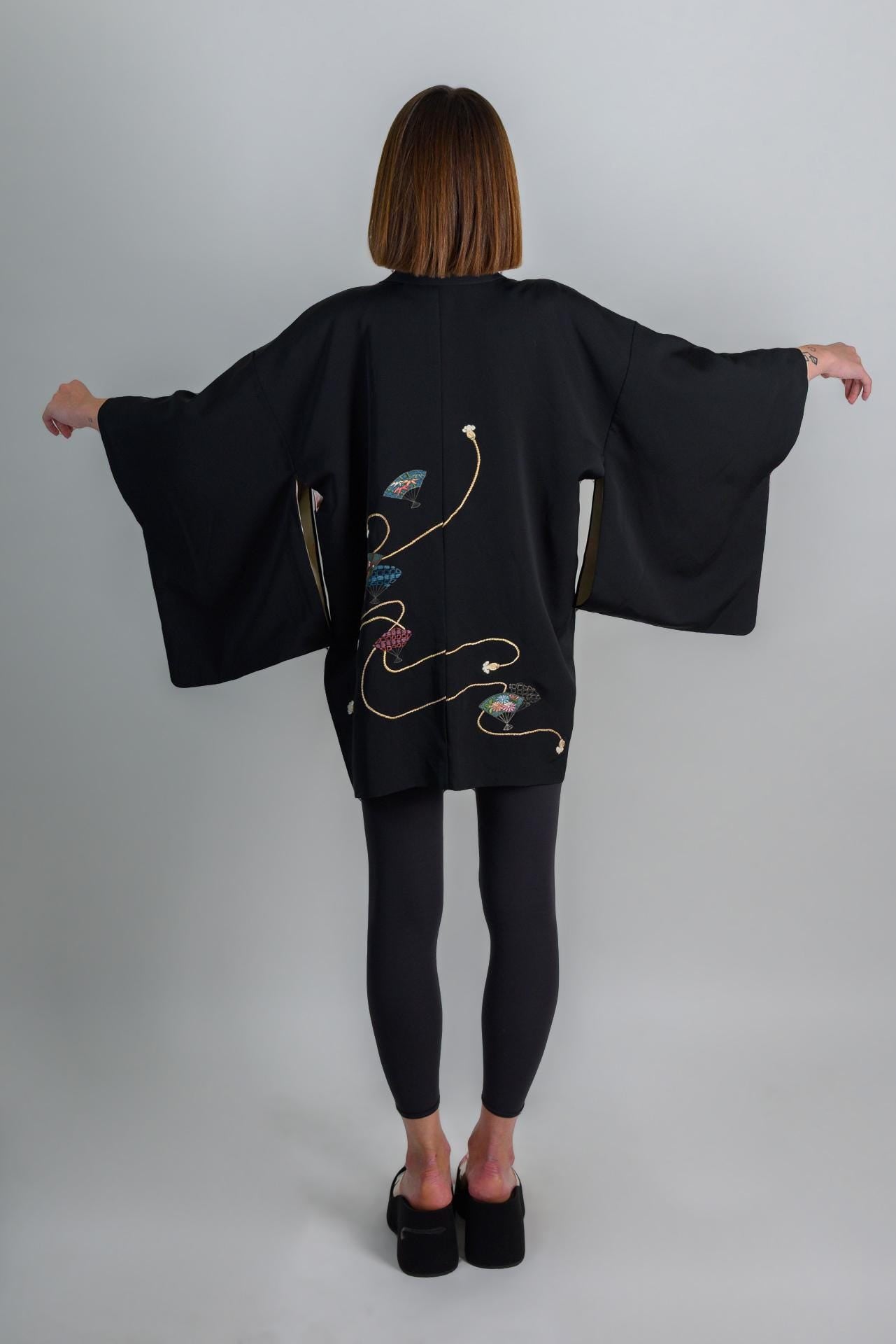 Black Silk Haori Kimono | Embroidered Dancing Fans, Japanese Jacket