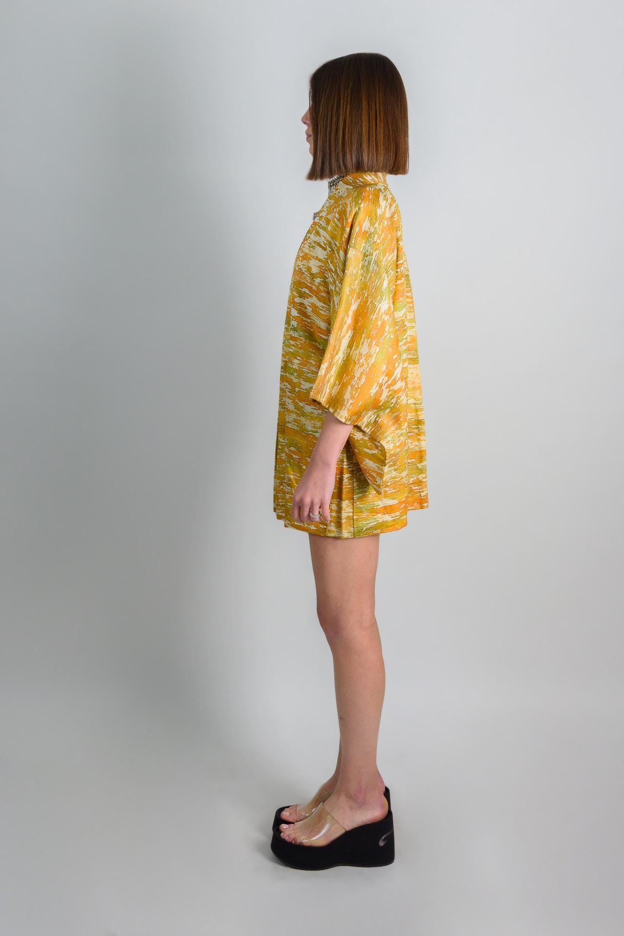 Handmade Silk Haori Kimono Jacket | Abstract Golden Yellow Japanese Robe