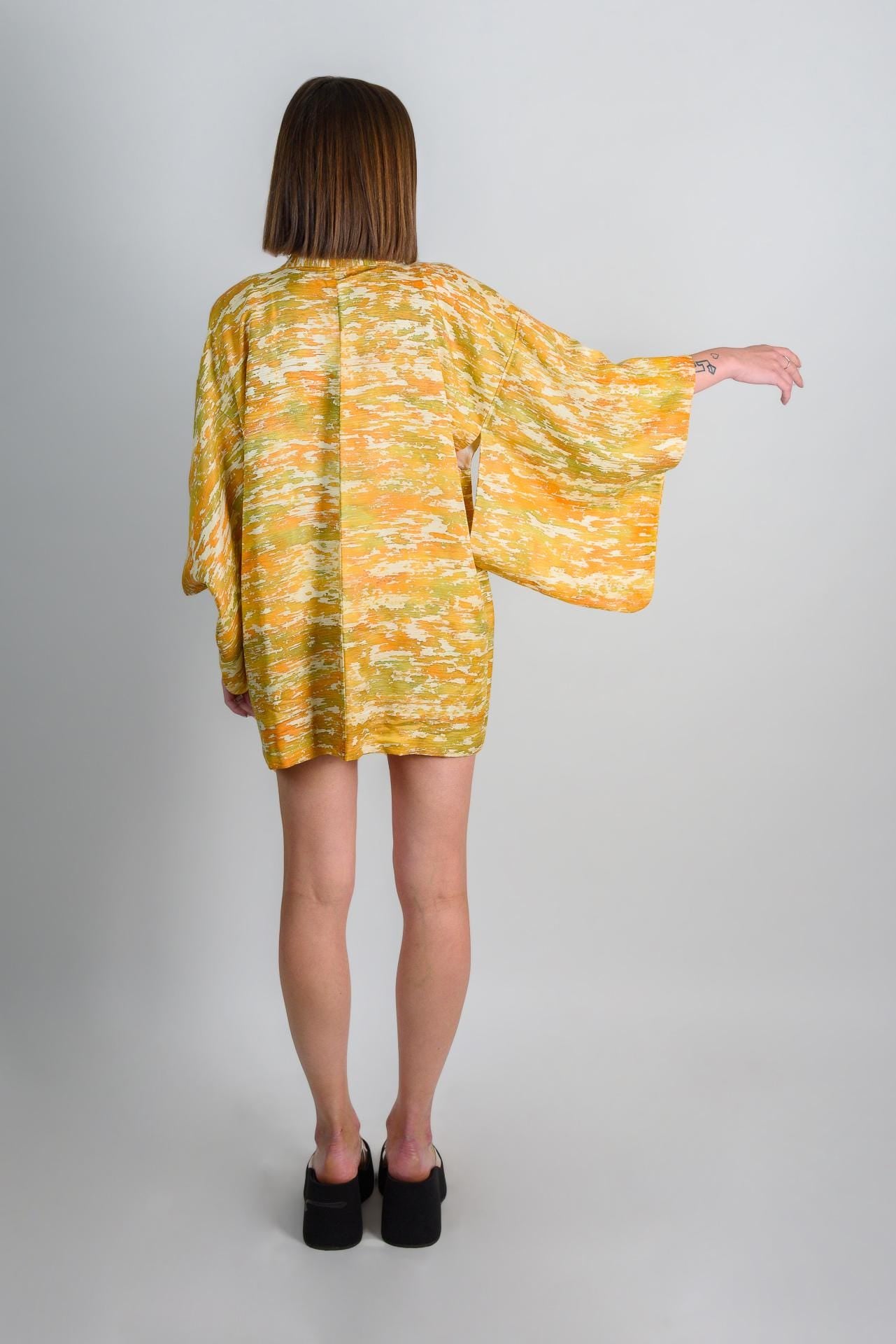 Handmade Silk Haori Kimono Jacket | Abstract Golden Yellow Japanese Robe