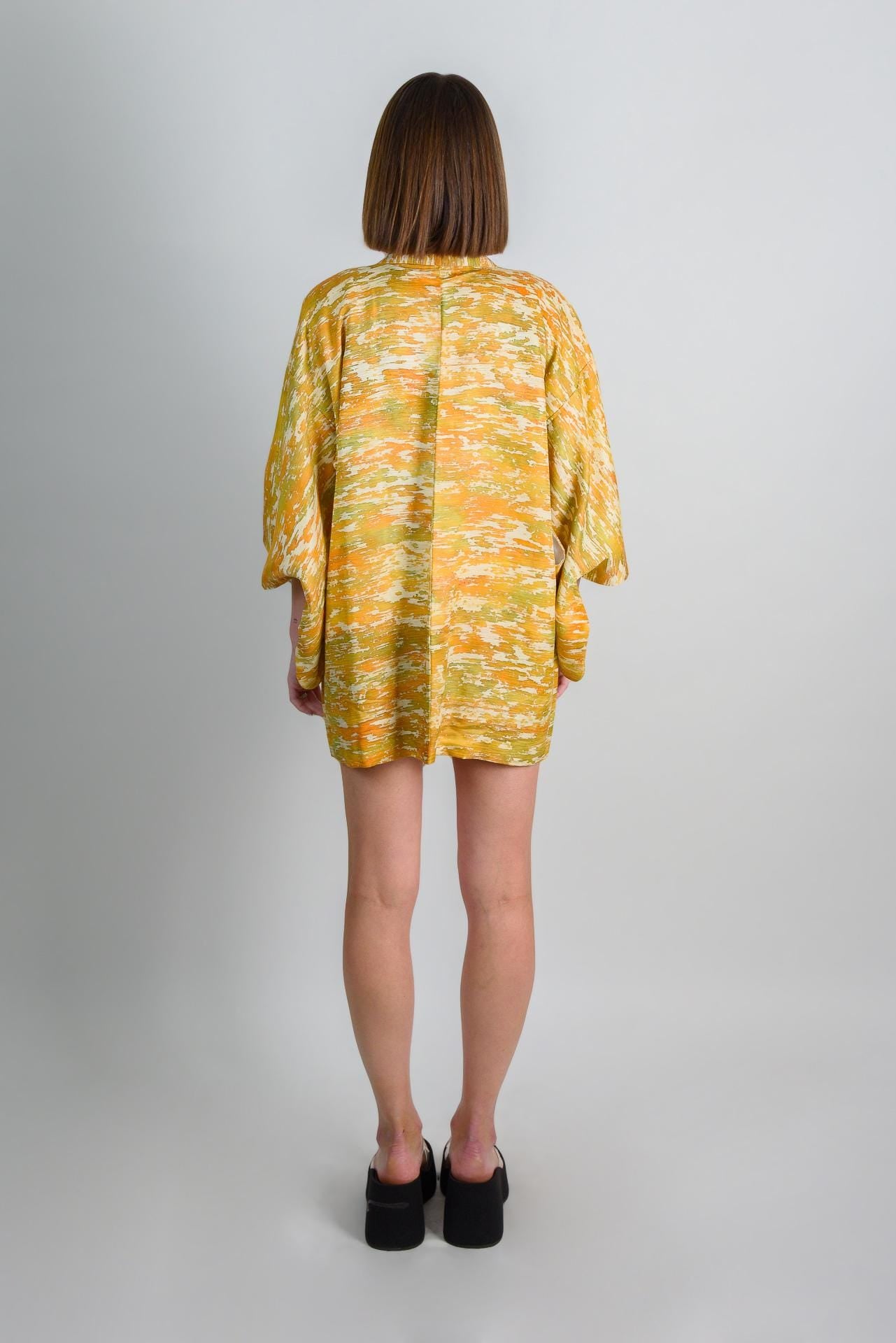 Handmade Silk Haori Kimono Jacket | Abstract Golden Yellow Japanese Robe
