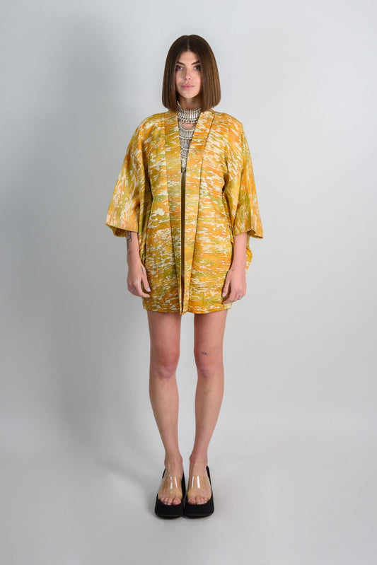 Handmade Silk Haori Kimono Jacket | Abstract Golden Yellow Japanese Robe
