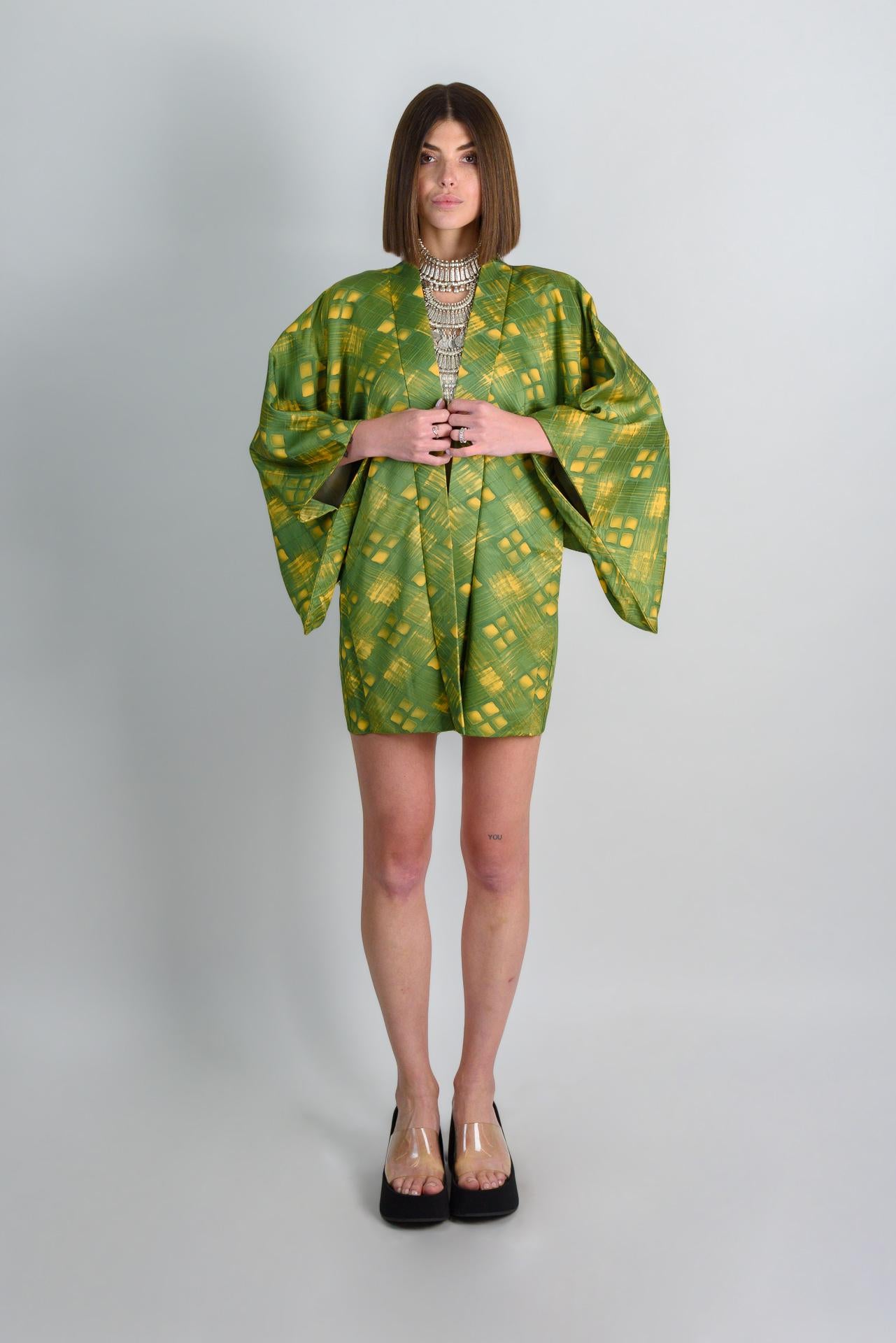 Green Silk Haori: Japanese Shibori Kimono Jacket