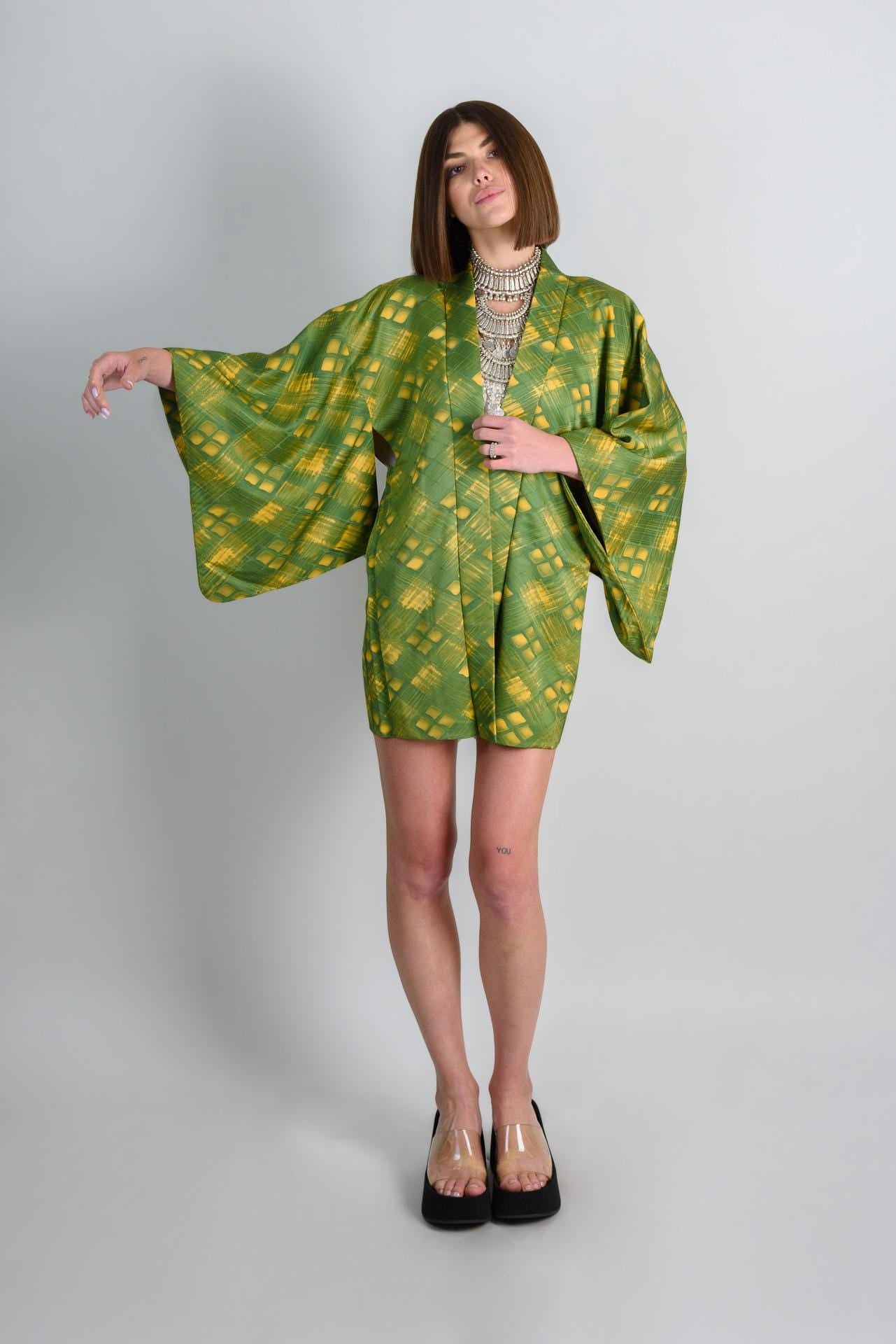 Green Silk Haori: Japanese Shibori Kimono Jacket