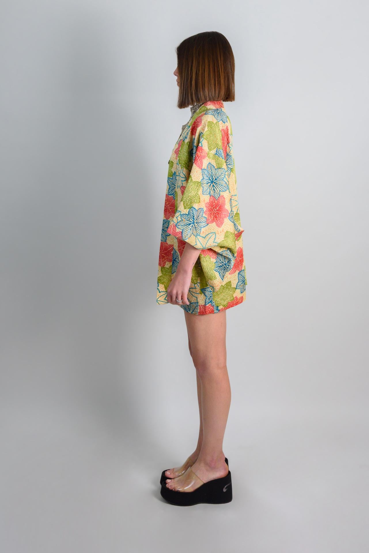 Silk Haori Kimono: Japanese Maple Leaf Print, Boho Festival Robe