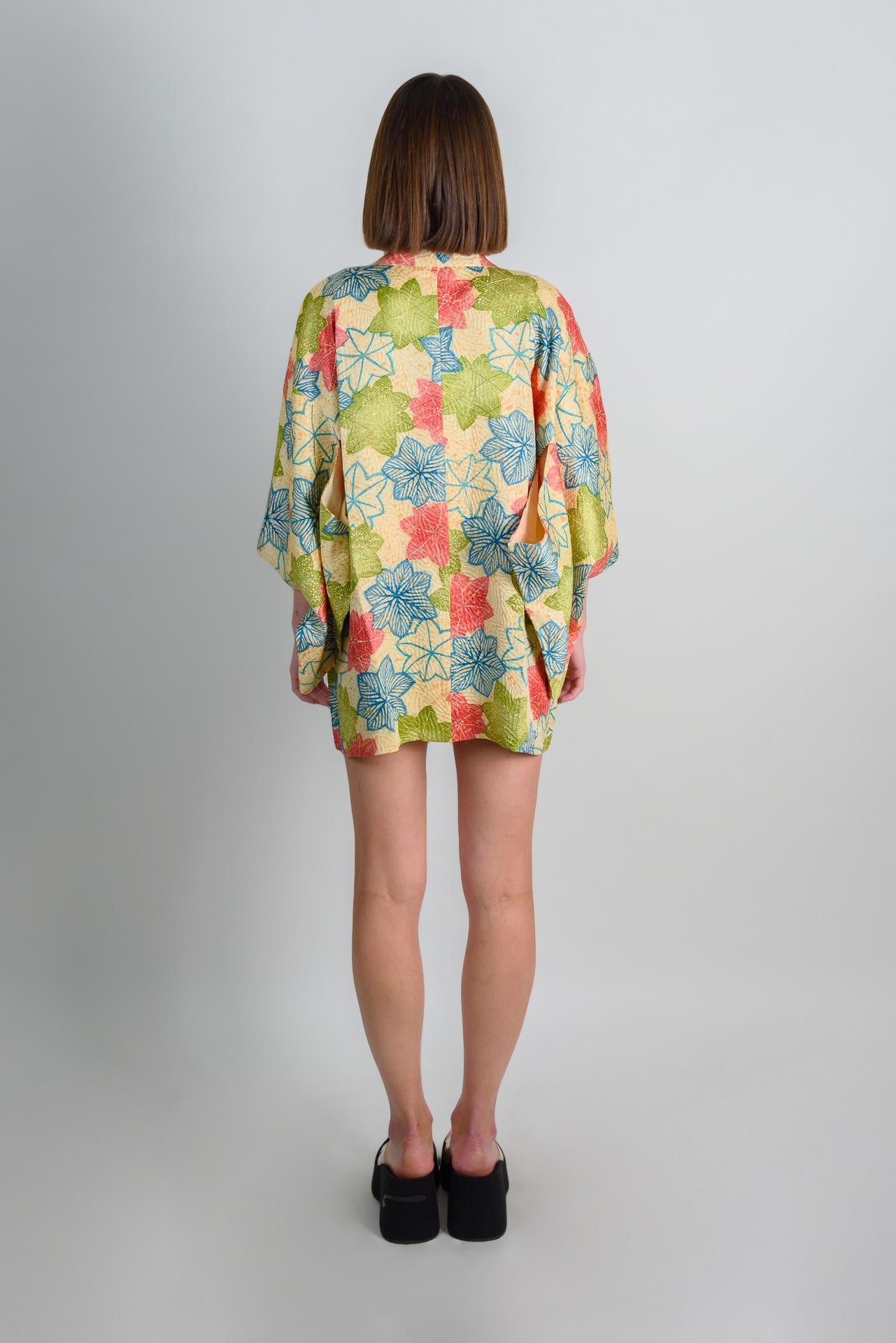Silk Haori Kimono: Japanese Maple Leaf Print, Boho Festival Robe