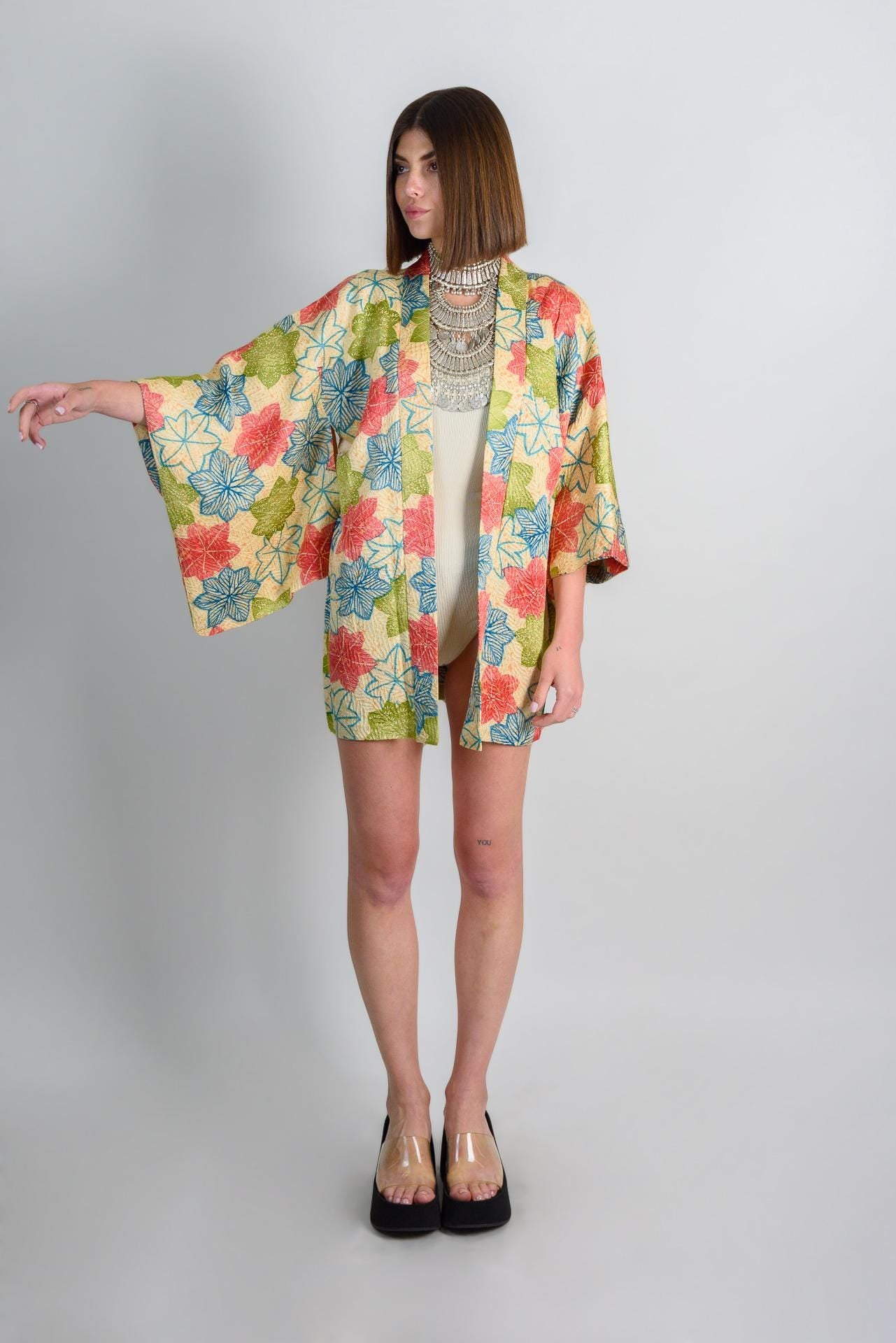Silk Haori Kimono: Japanese Maple Leaf Print, Boho Festival Robe