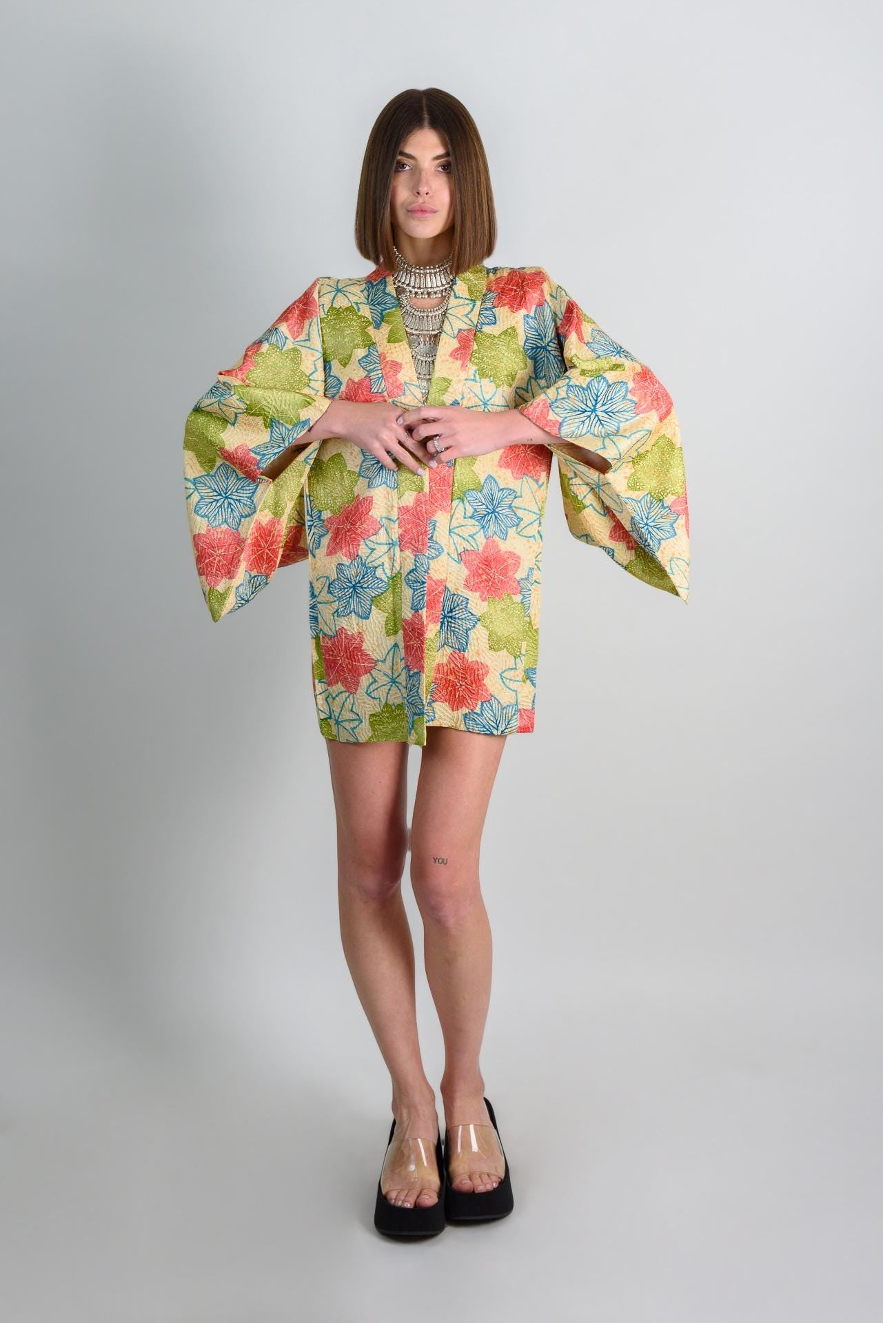 Silk Haori Kimono: Japanese Maple Leaf Print, Boho Festival Robe