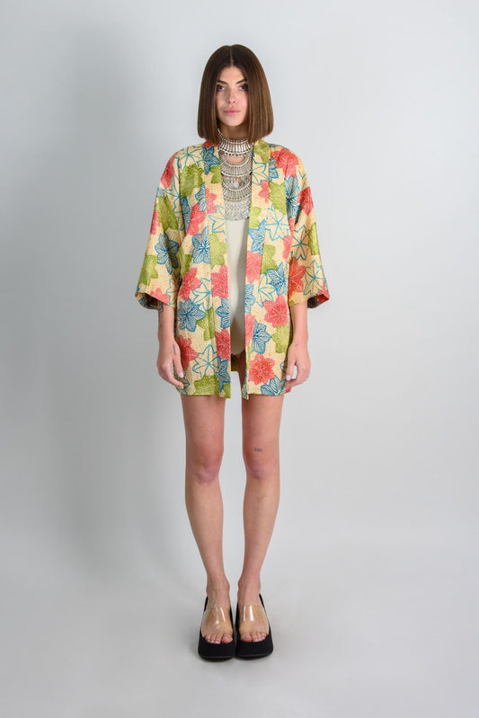 Silk Haori Kimono: Japanese Maple Leaf Print, Boho Festival Robe